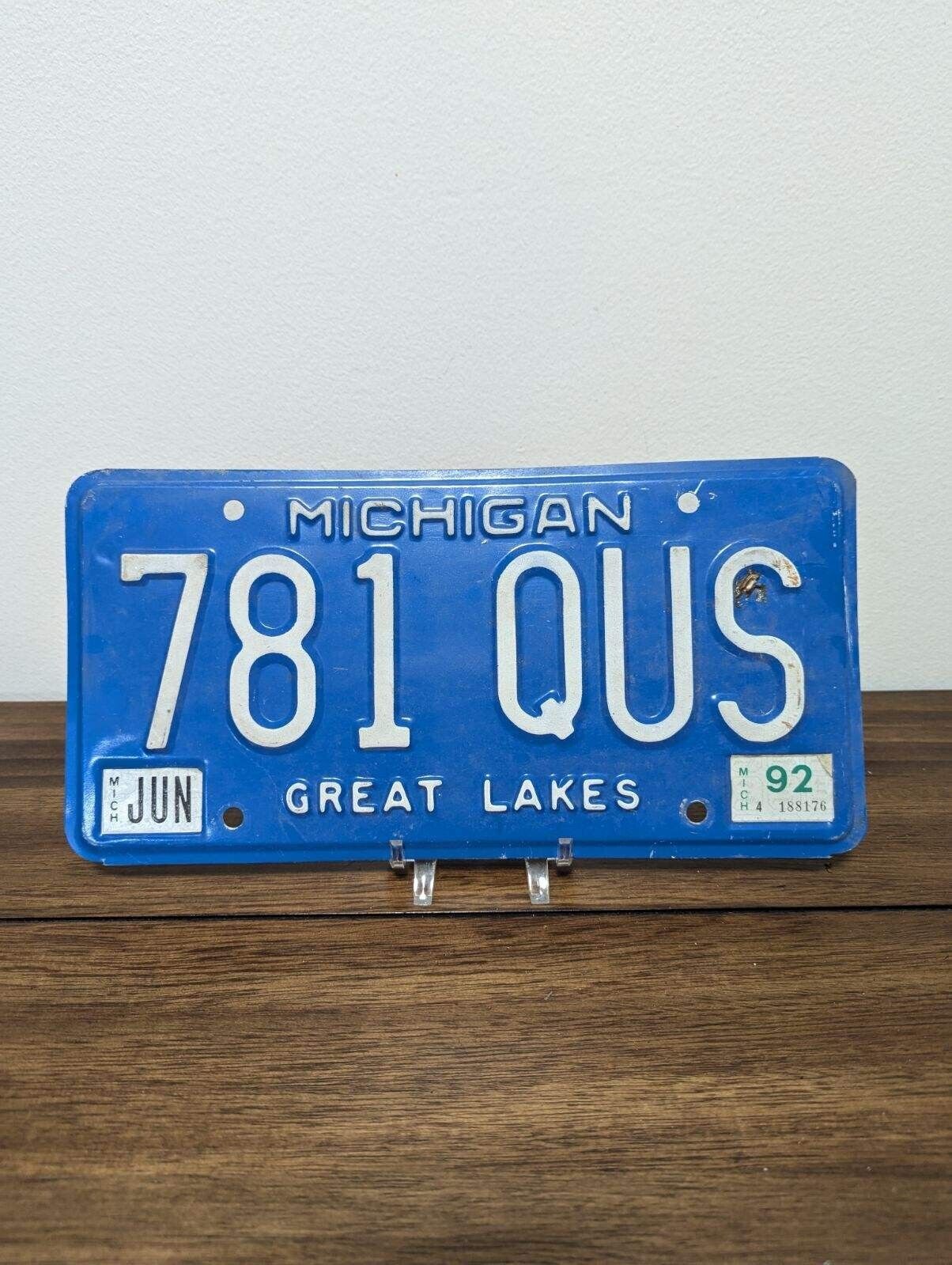 1992 Michigan License Plate 781QUS Great Lakes