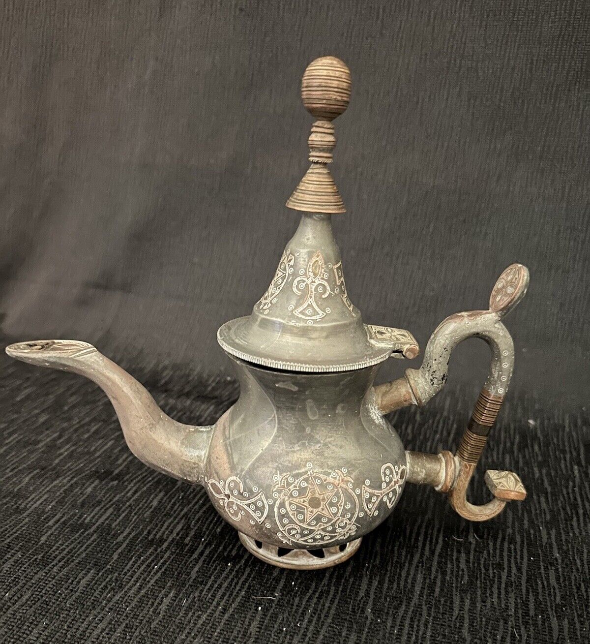 Mauritania Tuareg Teapot Inland W/Top Quality Copper, Brass, Tin And Inlaid Wood