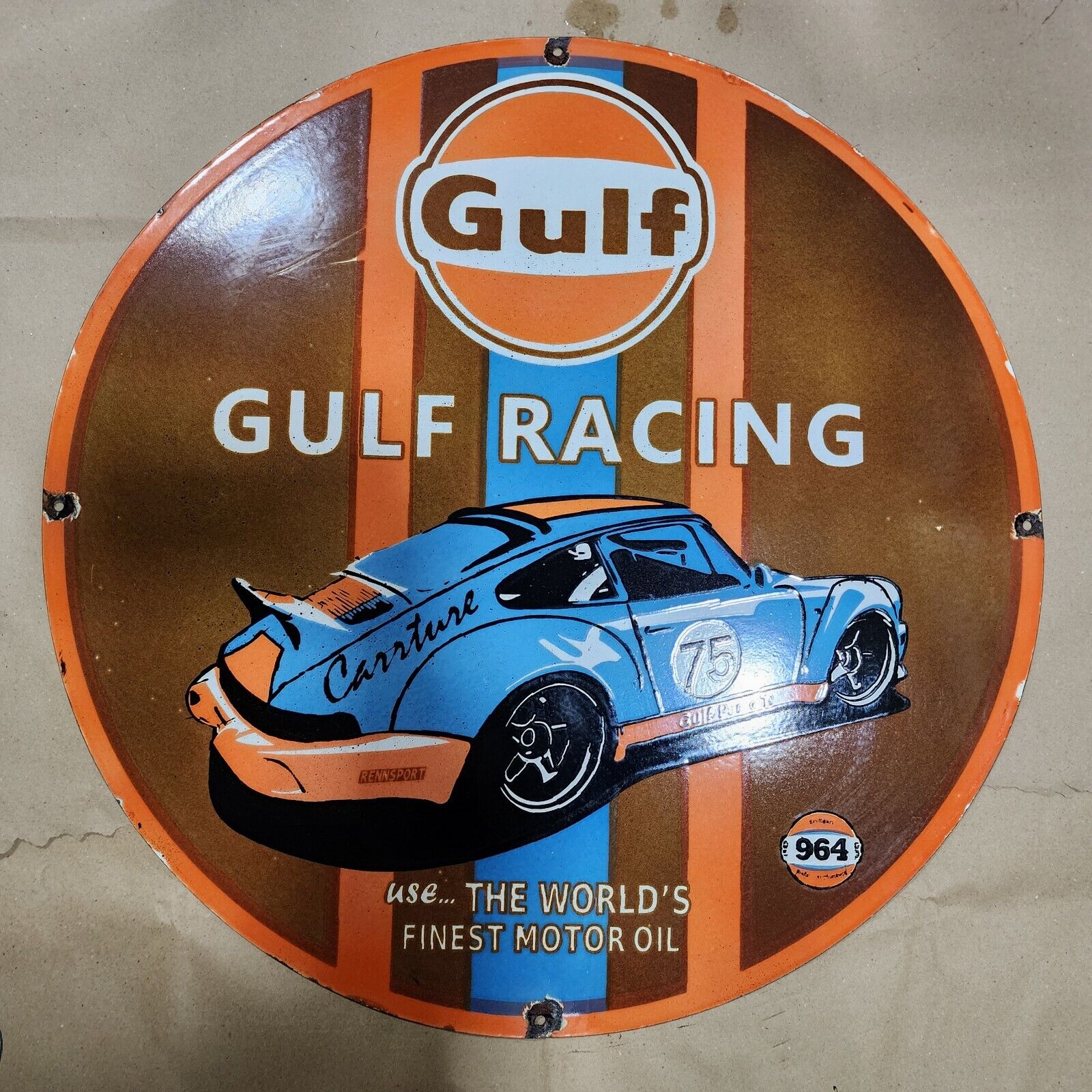 GULF RACING PORCELAIN ENAMEL SIGN 30 INCHES ROUND