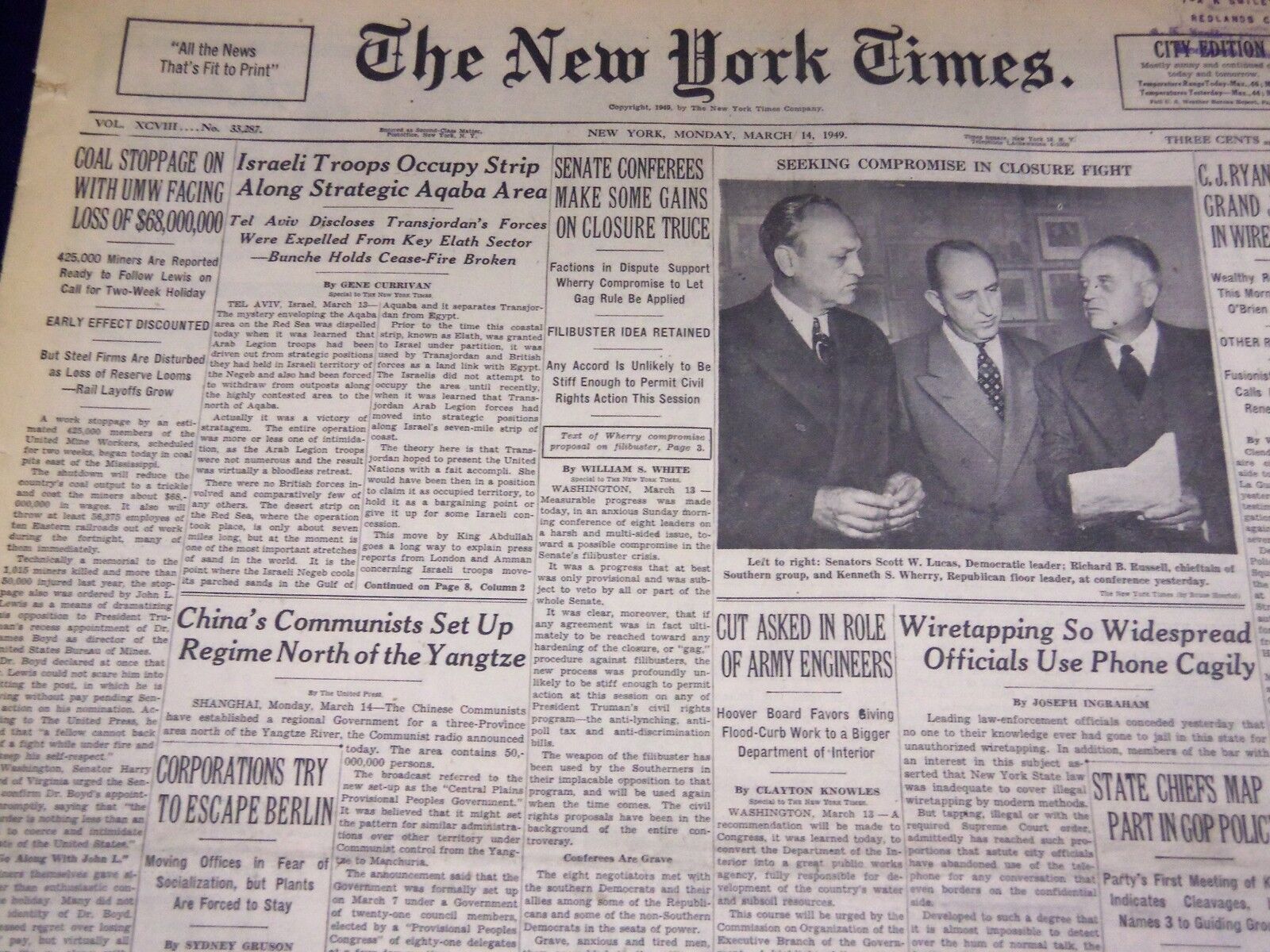 1949 MARCH 14 NEW YORK TIMES - ISRAELI TROOPS OCCUPY STRIP - NT 3197