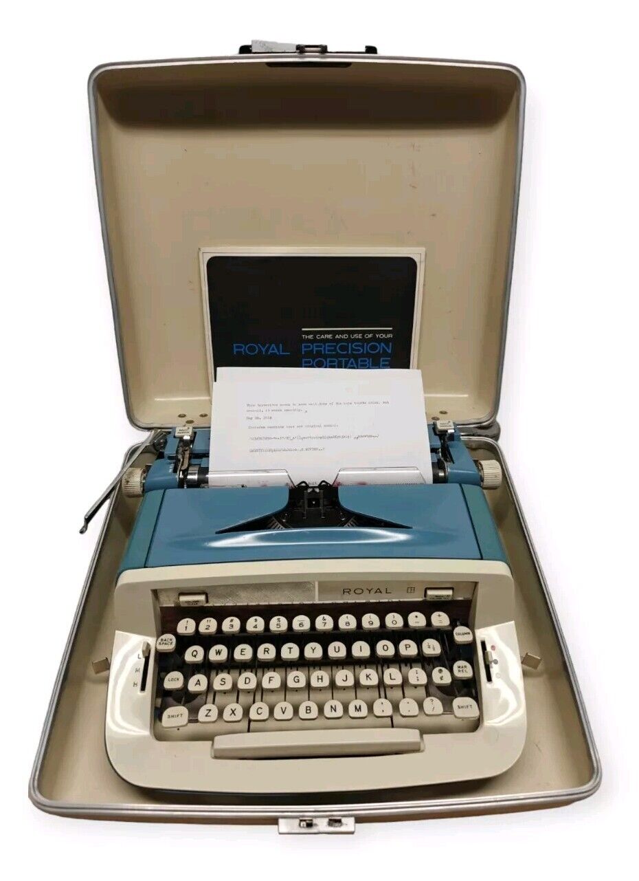 Royal Sabre Vintage Portable Typewriter Working W/ Case And Manual Blue Teal