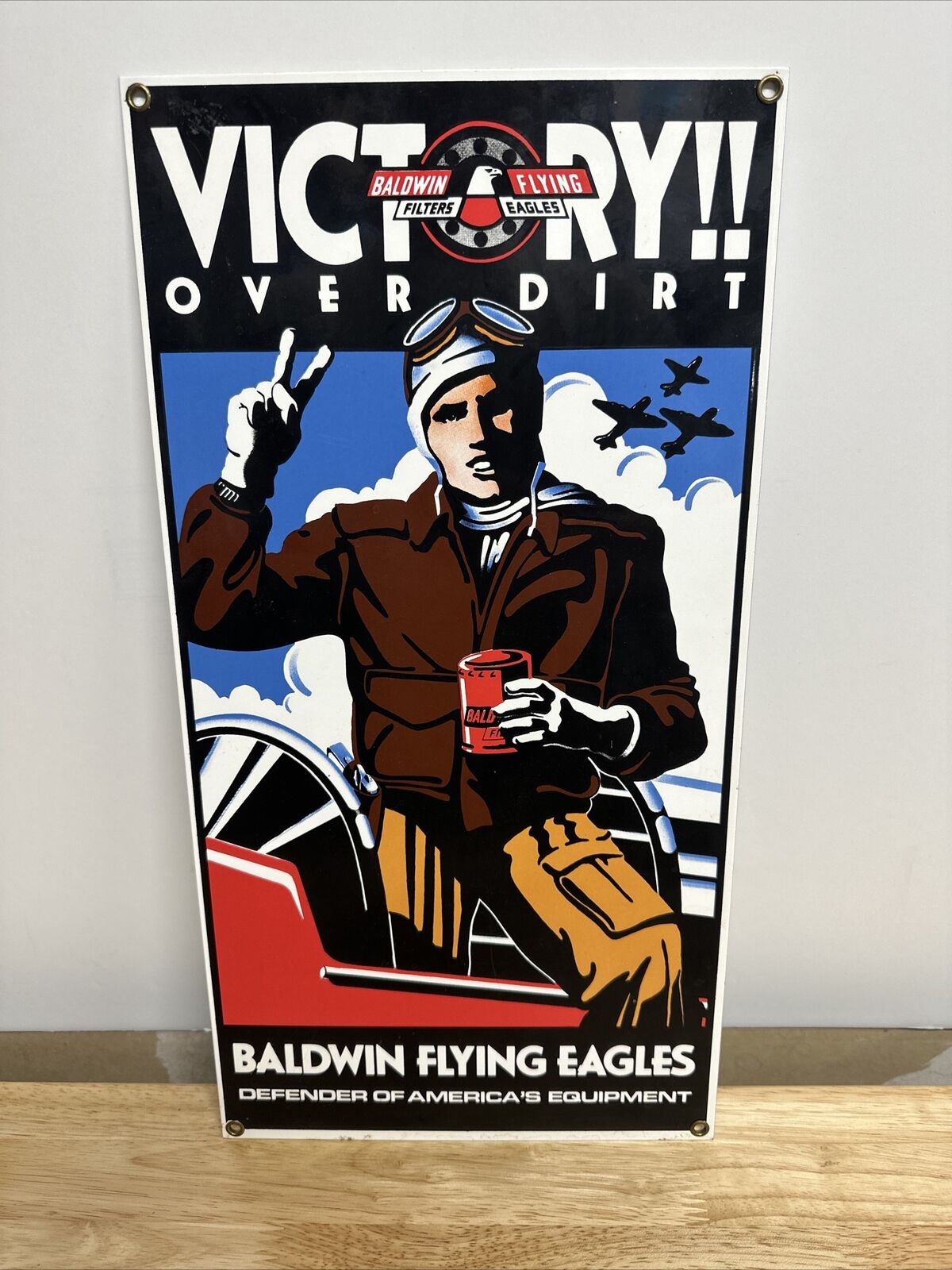 Vintage Ande Rooney BALDWIN FILTERS Flying Eagles Victory Porcelain Sign 17x9