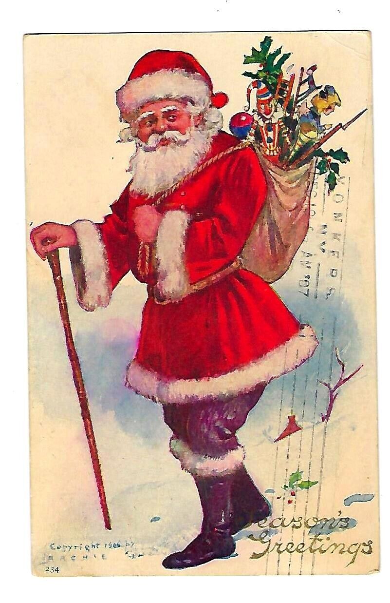 1907 National Art Co. Christmas Postcard Santa W/Walking Stick & Bag Of Toys