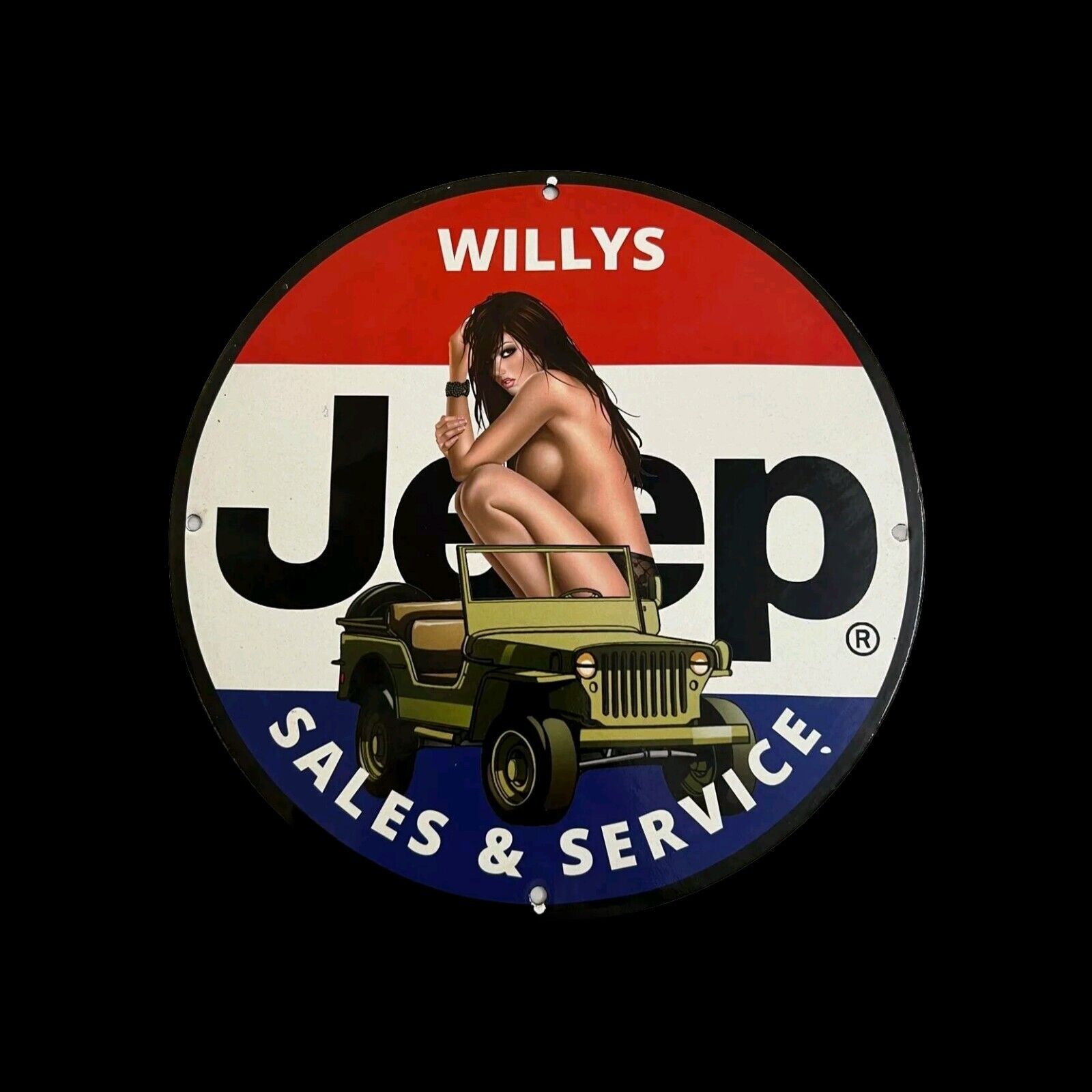 WILLYS JEEP SALES & SERVICES NAKED PINUP GIRL GARAGE GAS OIL PUMP PORCELAIN SIGN