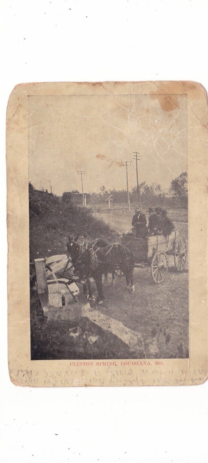 Clinton Spring / Louisiana, Missouri antique postcard / mules horses wood wagon