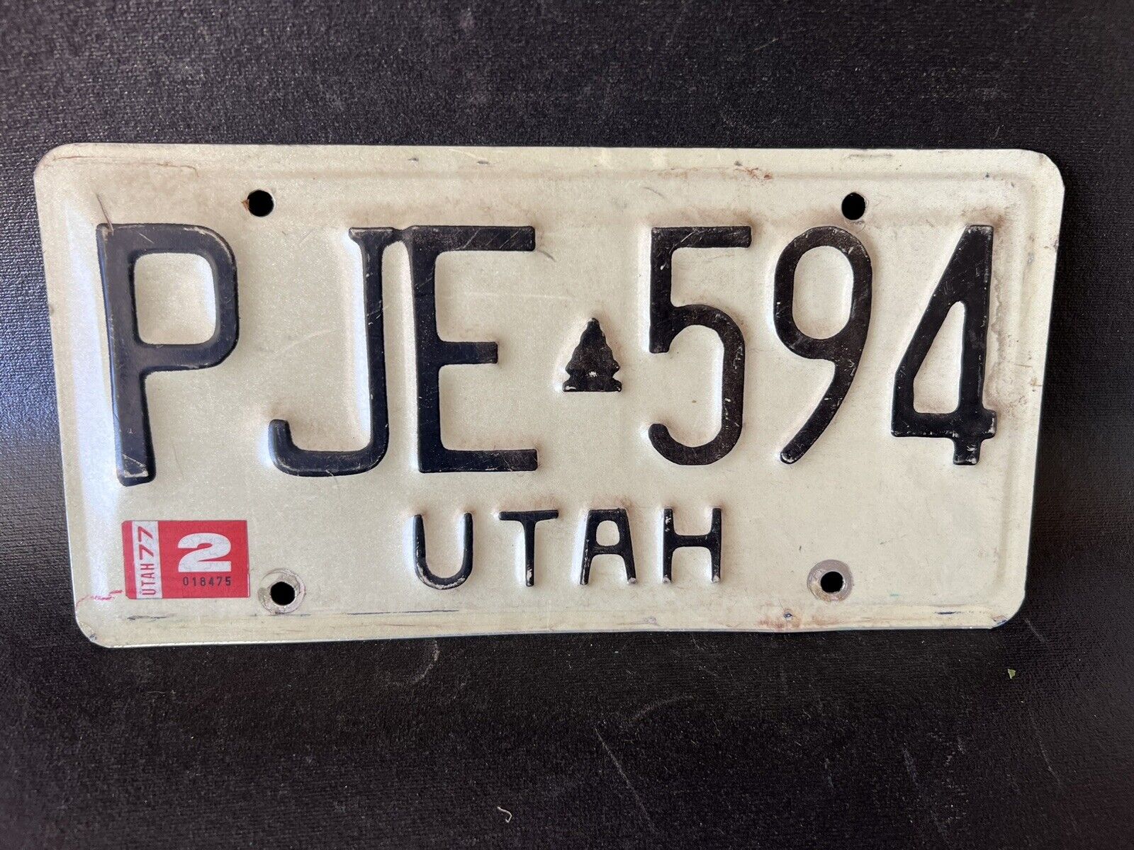 Vintage License Plate Utah PJE 594 White/ Black Letters 1977 Matching Set