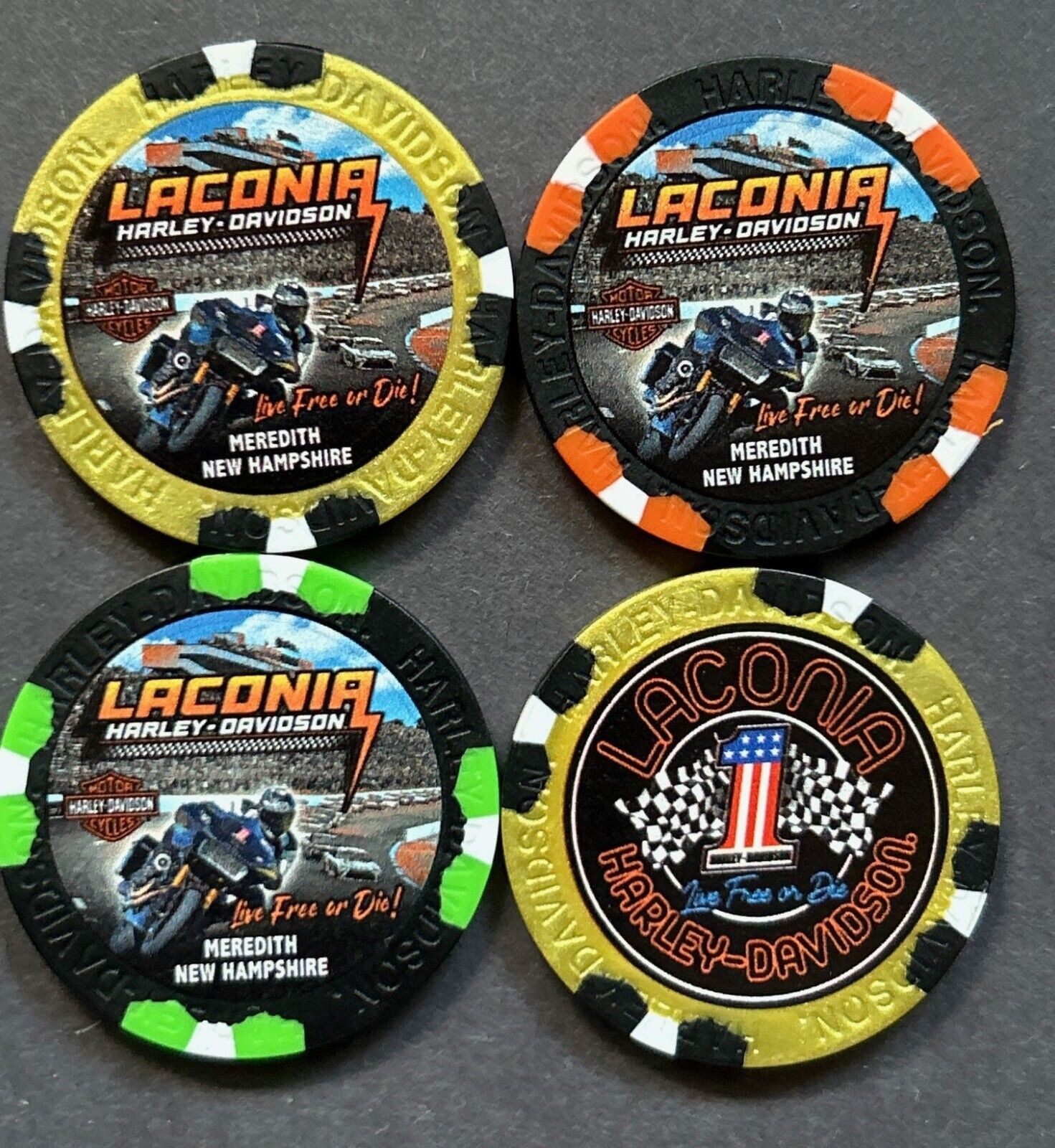 Harley Davidson Wide Print Poker Chip Laconia HD Raceway  Meredith, NH  (Pick 1)
