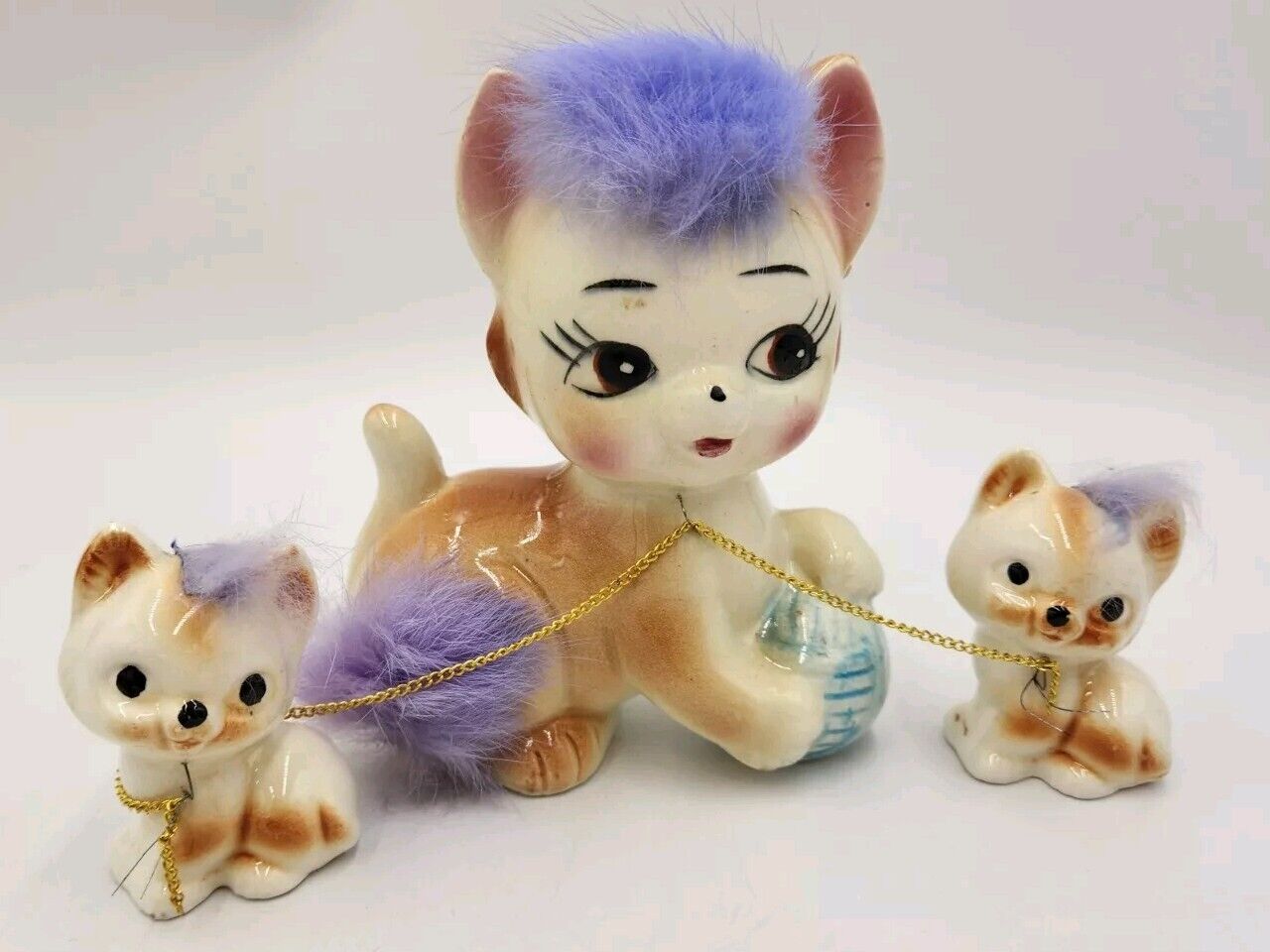 Vintage Anthropomorphic Ceramic Chained Cat Kittens Purple Fur Figurine Japan