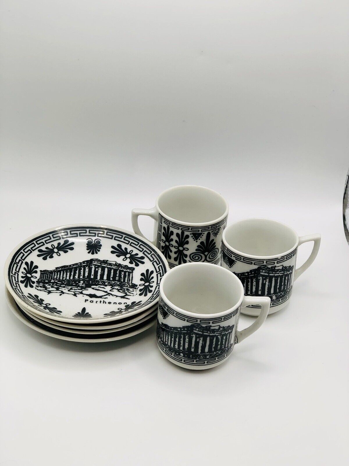 Greece Demitasse Handmade Cup & Saucer Black White Greek Set Of 3 Extra Plate