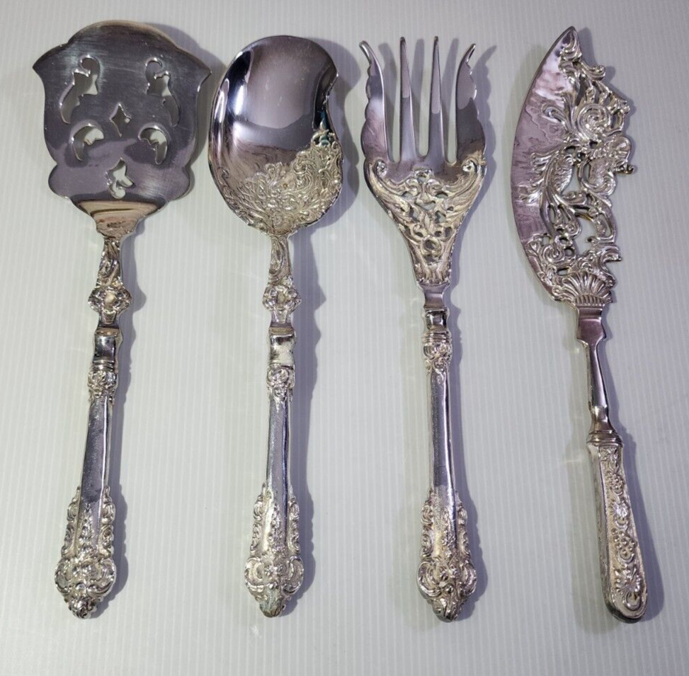 VINTAGE LARGE Ornate Serving Spoon, Fork, And  2 Servers 11