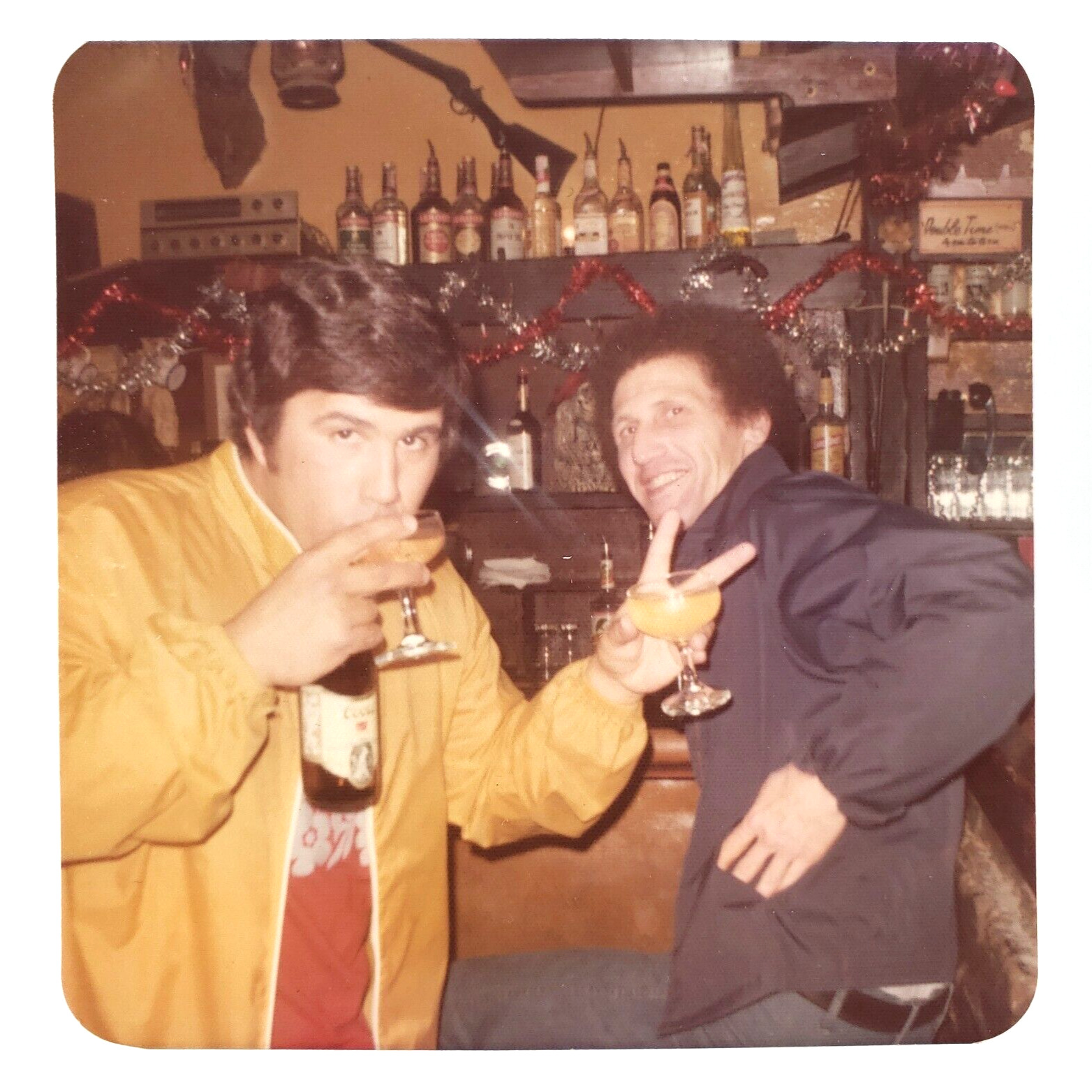 Cool Guy Triple-Fisting Drinks Photo 1980s Dive Bar Men Square Snapshot A4417
