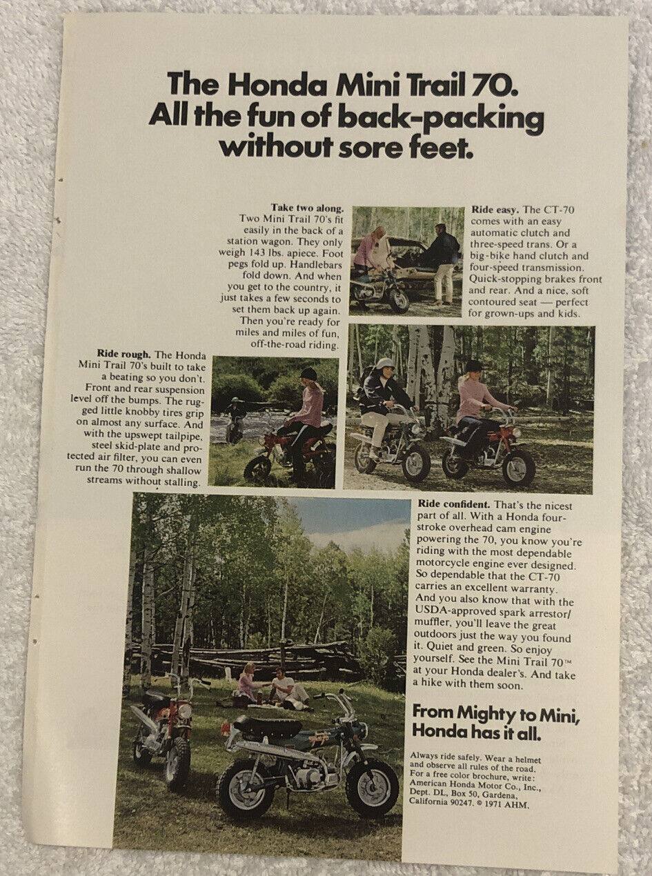Vintage 1971 Honda Mini Trail 70 Print Ad - Full Page Advertisement