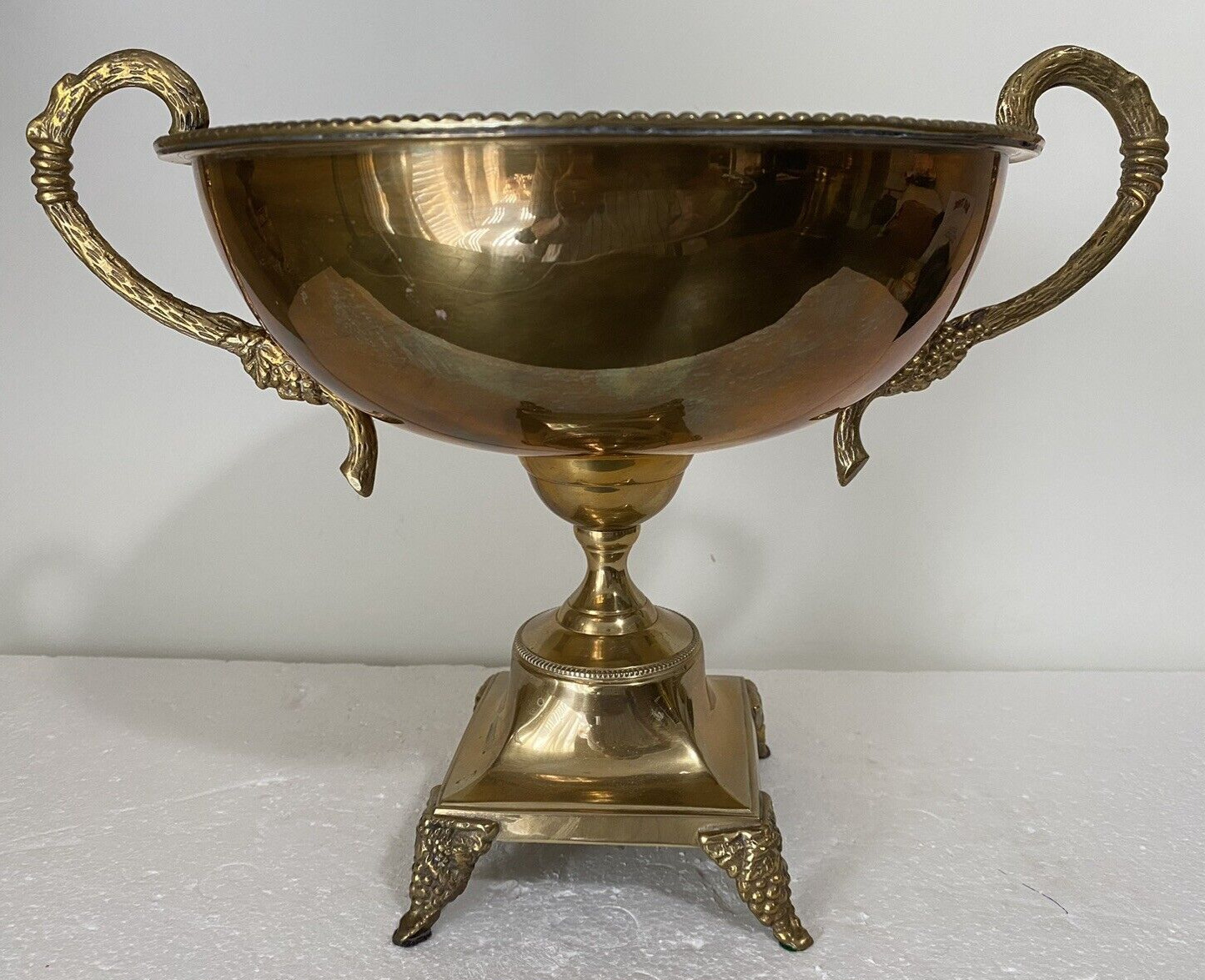 Vintage Brass Pedestal Bowl Ornate Handles Large Heavy Pedestal Base Footed