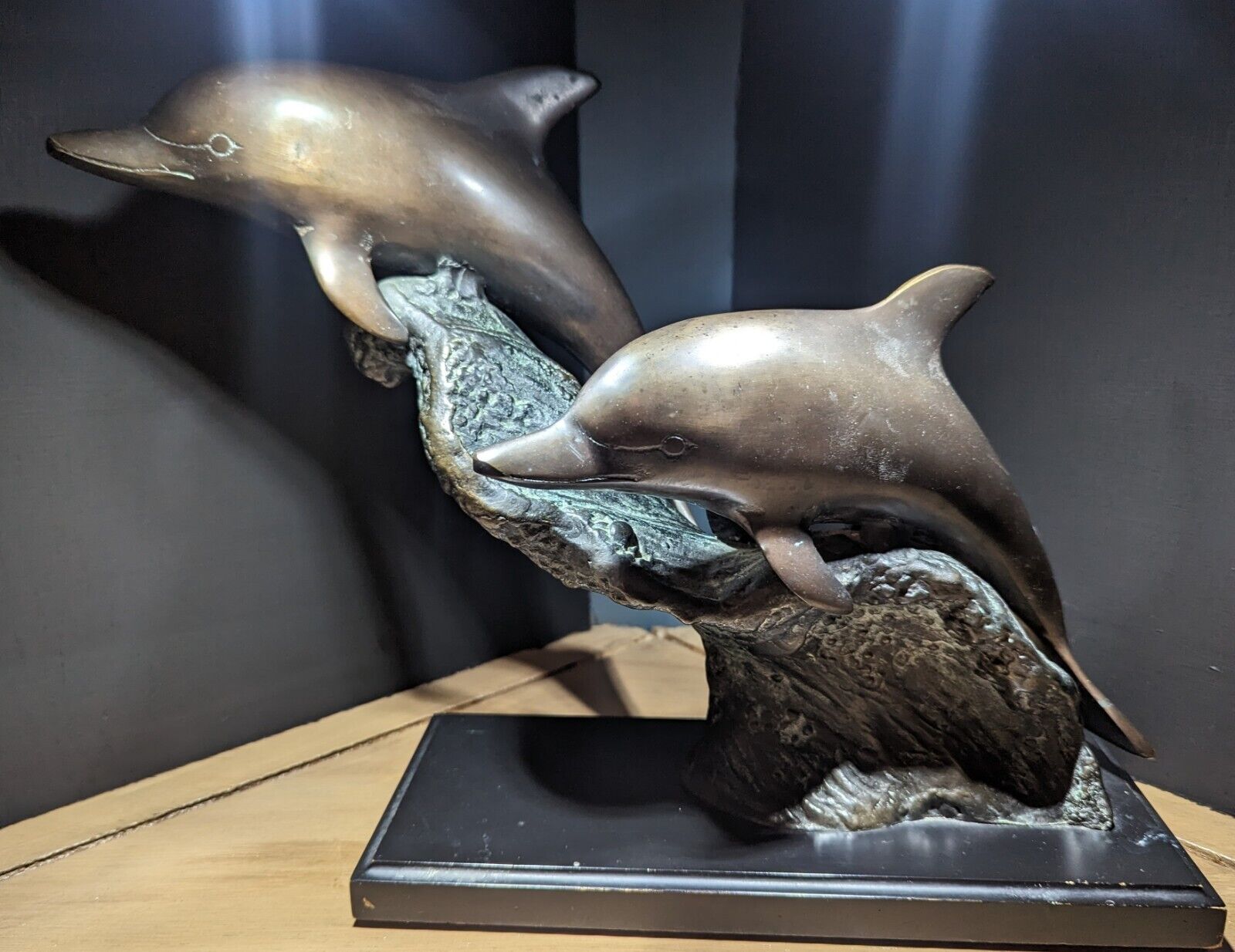 Vintage Solid Bronze Playful Swimming Dolphins Statue. 