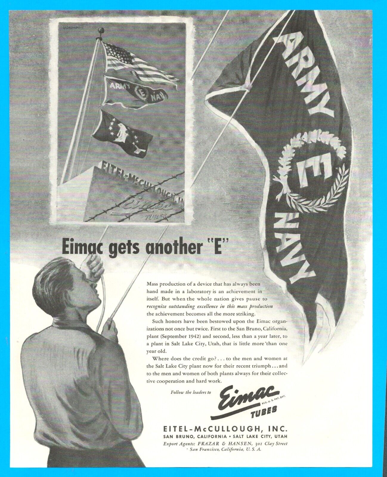 1943 WWII Eimac Tubes PRINT AD Eitel McCullough San Bruno Salt Lake City Utah