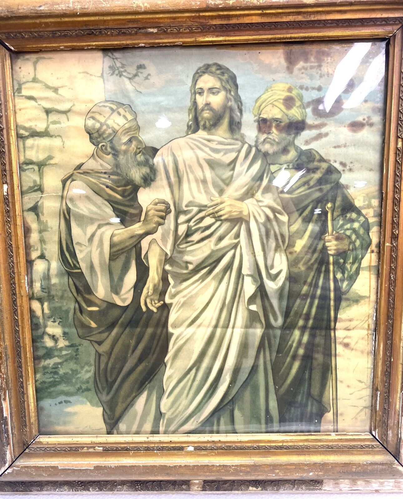 Antique Old ART DECO Jesus Christ Lithograph23x22 Wood Framed - dsp