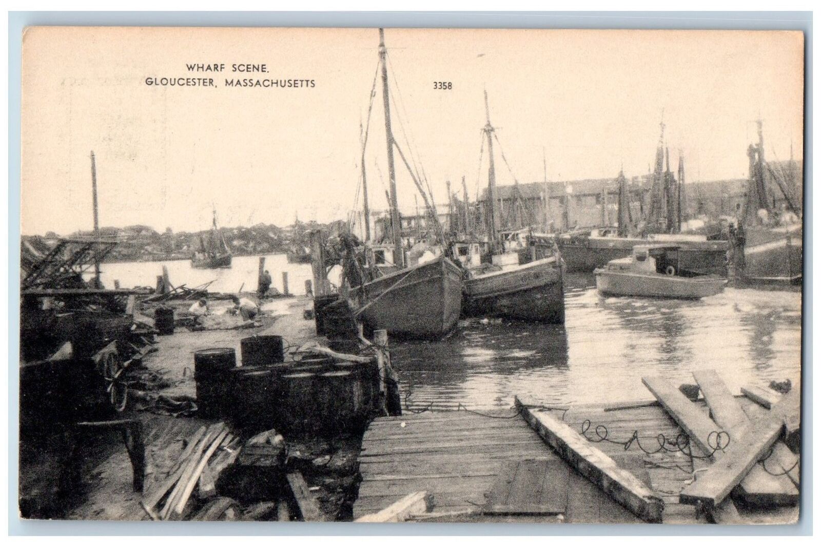 c1910's Wharf Scene Fishing Boats Docked Gloucester Massachusetts MA Postcard