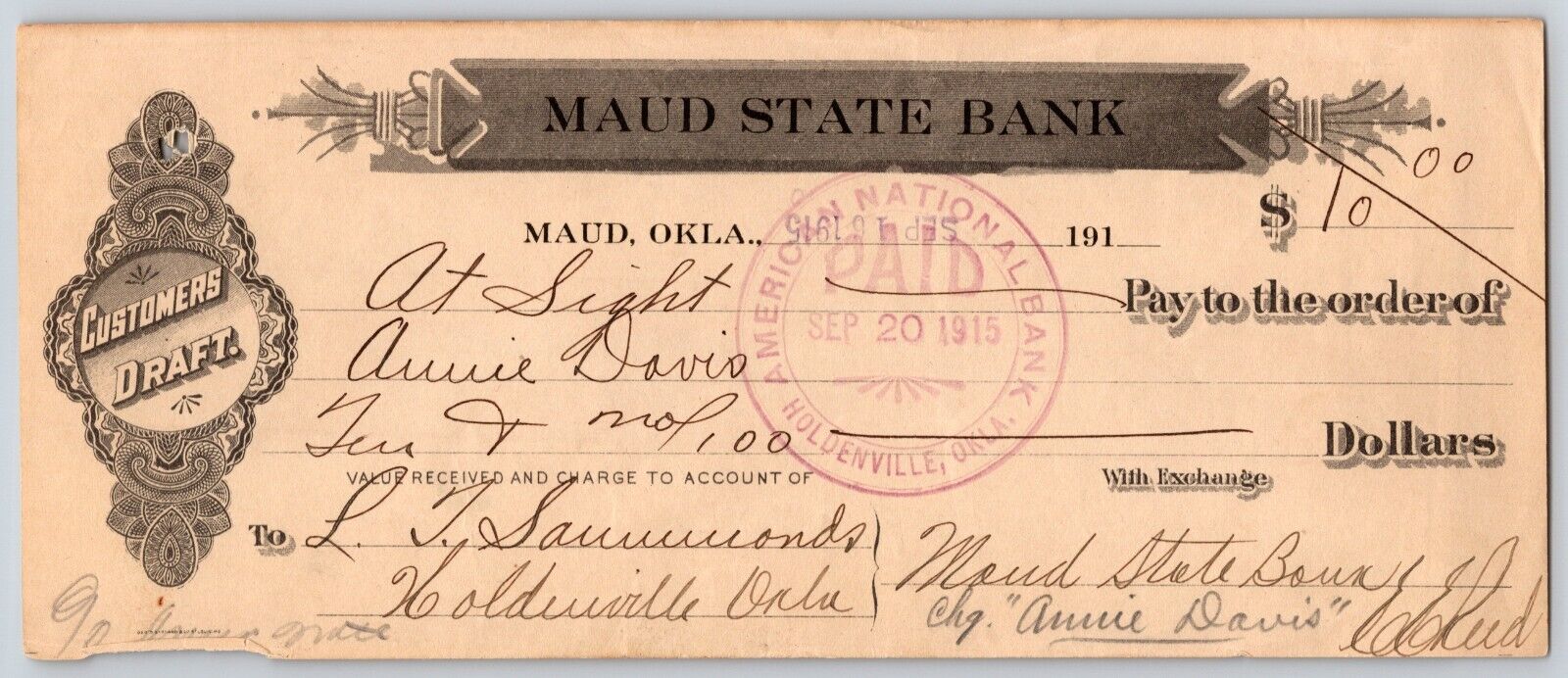 Maud, Oklahoma 1915 $10 Maud State Bank Check - Scarce