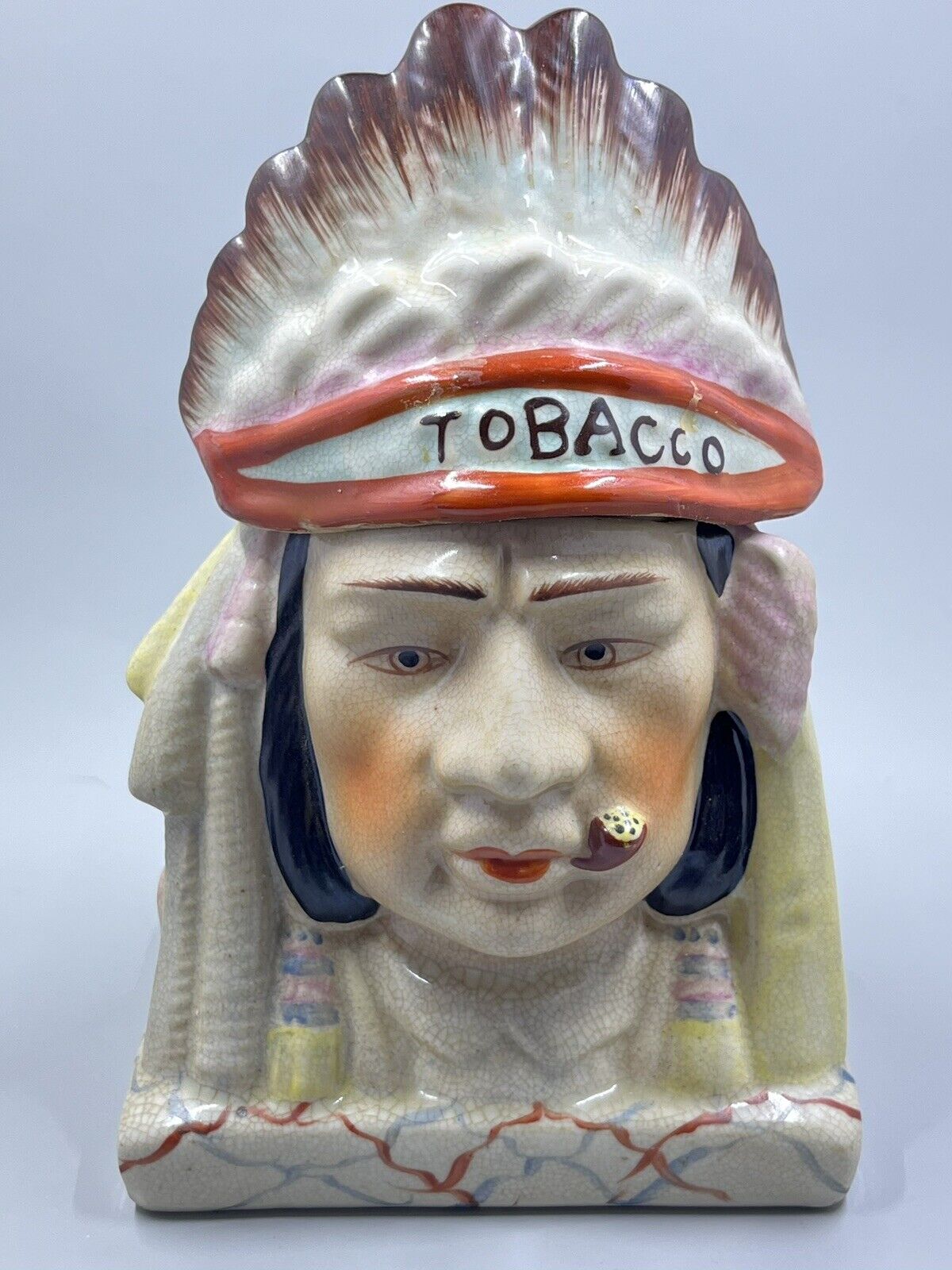 Vintage 1930s-40s Headdress Native American Tobacco Humidor Hand Painted