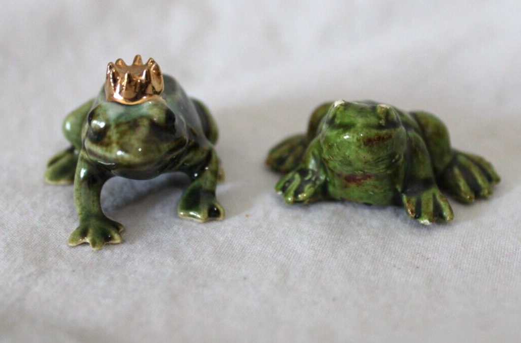 2 Miniature Porcelain Frog Figurines, One with Crown