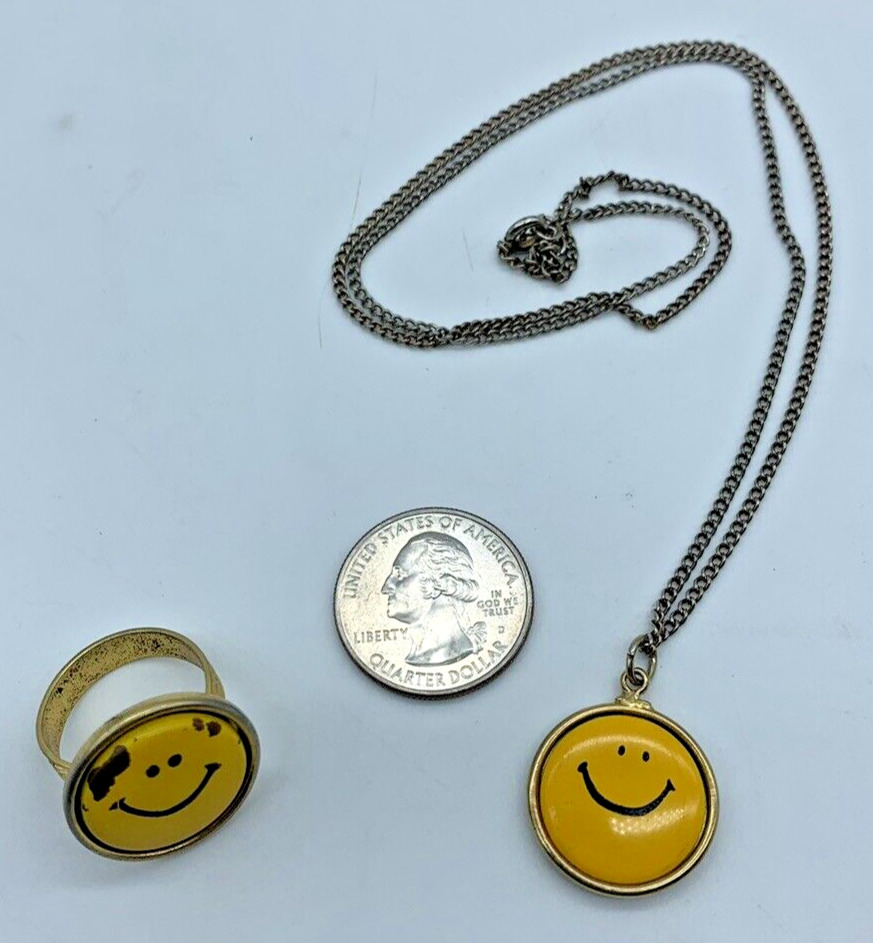 Vintage Rare Smiley Face Button Original 1960s Yellow Hippy Ring and Necklace