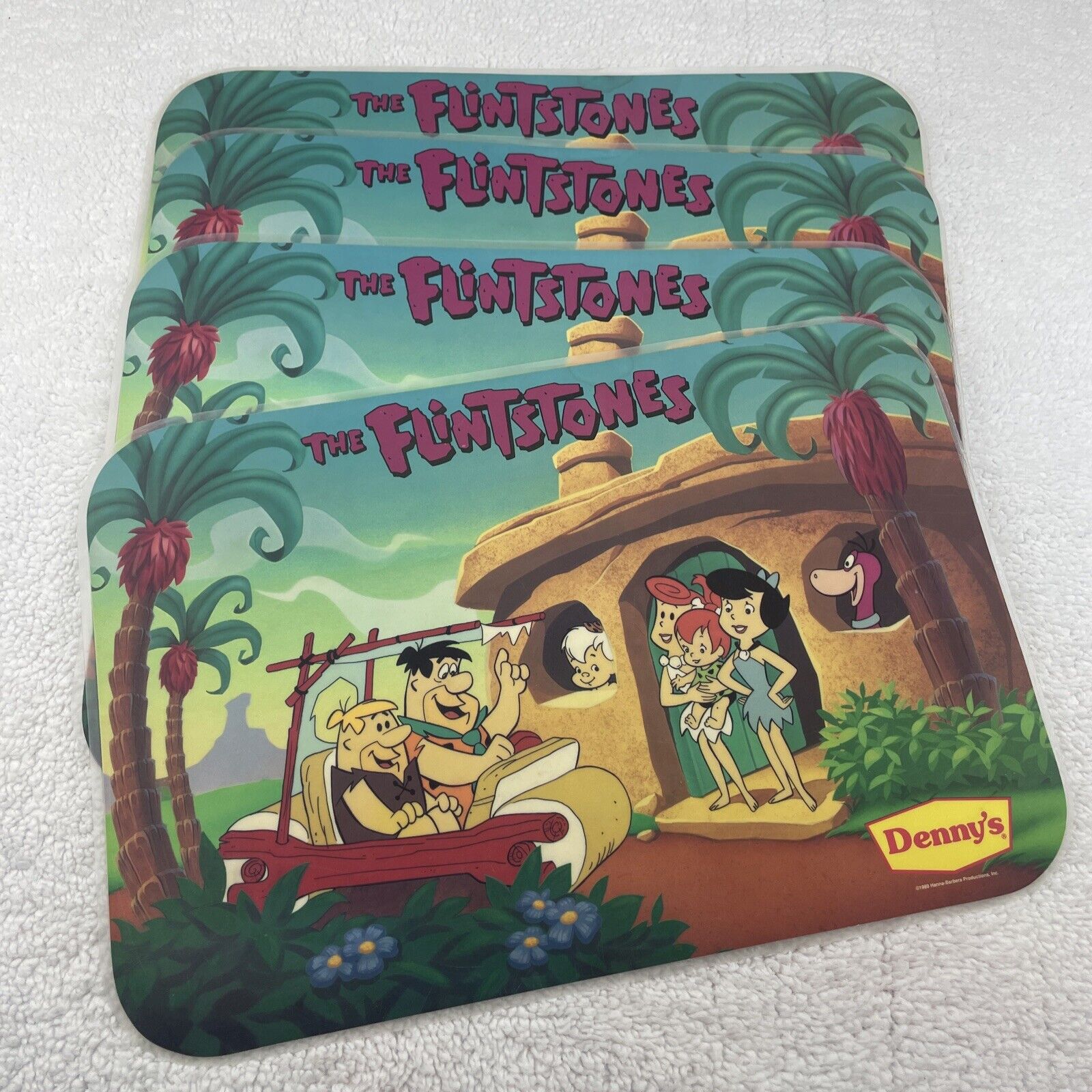 4 Flintstones Dennys Placemats Vintage Hanna Barbera 1989 Fred Barney Wilma READ