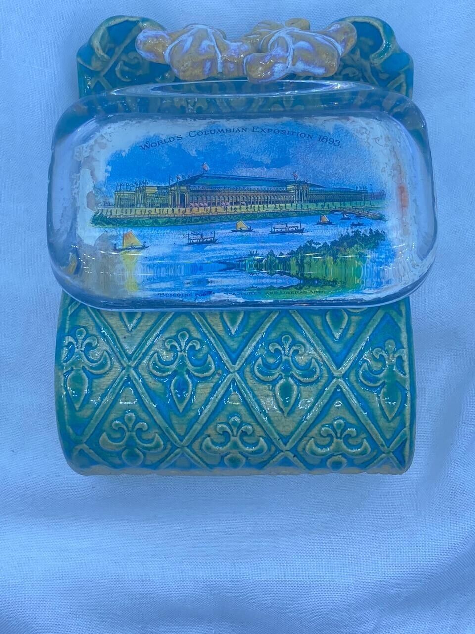 Antique 1893 World's Columbian Exposition Paperweight with Stand - Building for
