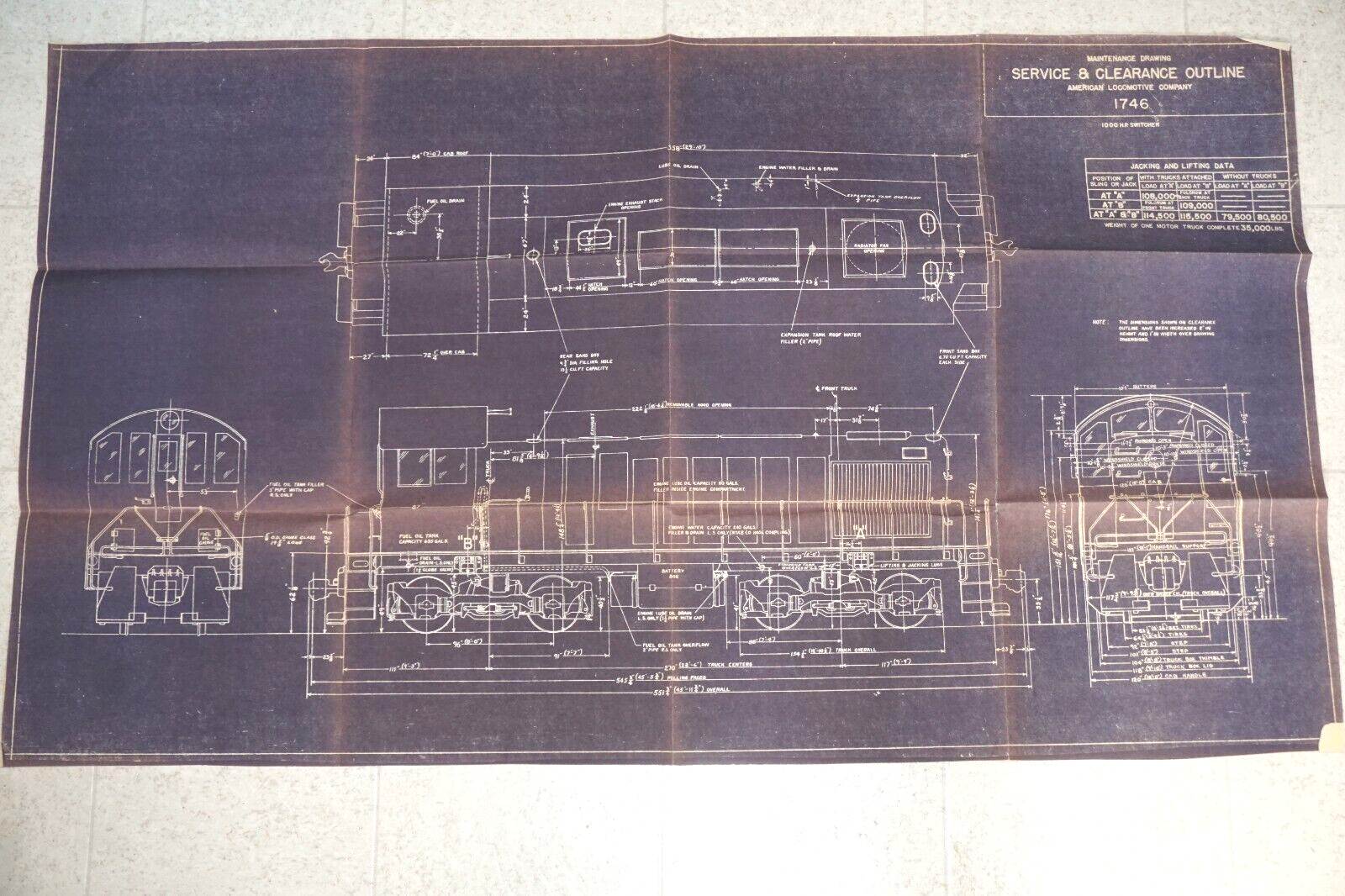 MAINTENANCE DRAWING Service Clearance Switcher BLUEPRINT AMERICAN LOCOMOTIVE CO