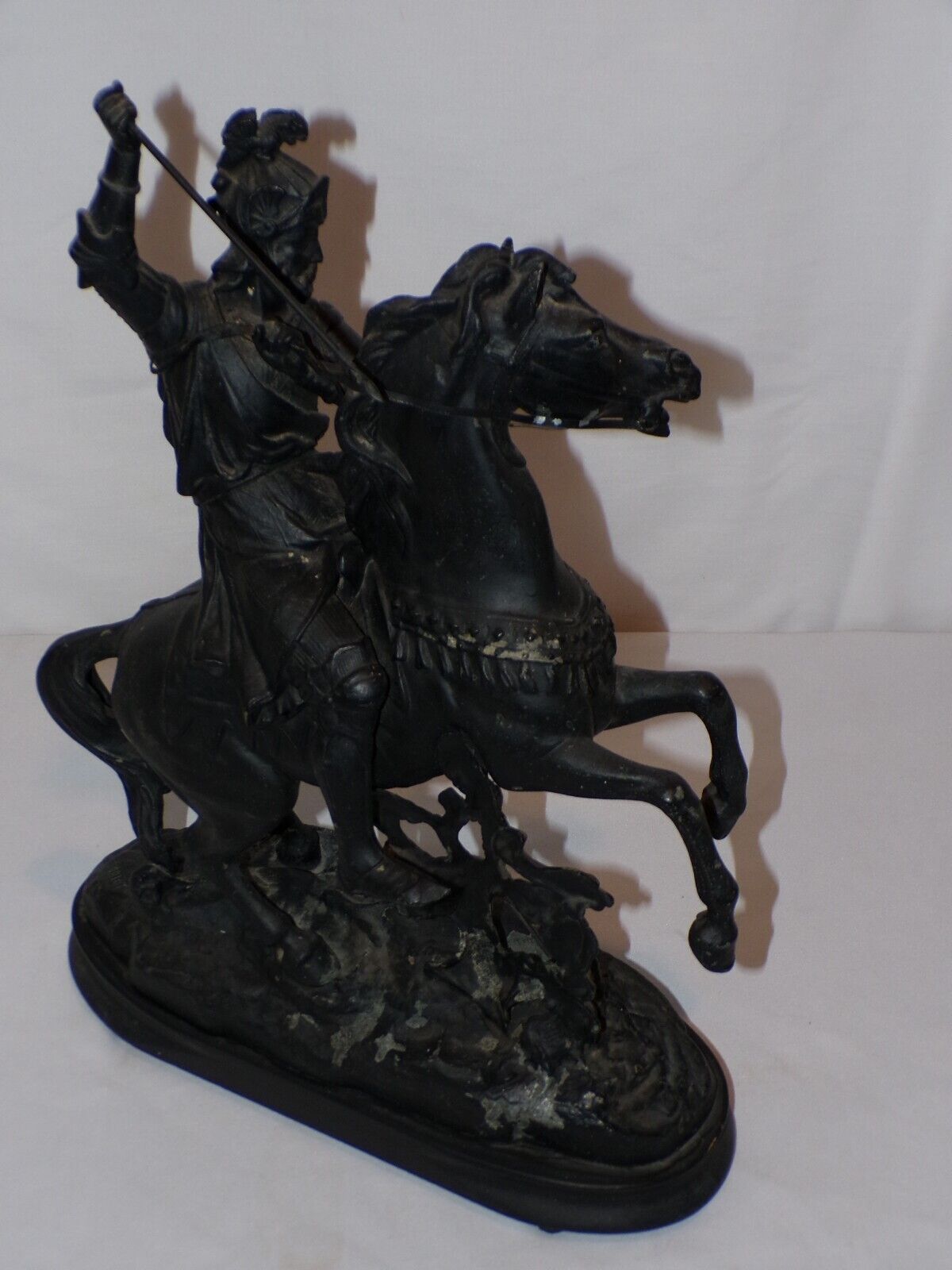 Antique Spelter Sculpture Mounted Knight Warrior on Horse Doriot Statue Figure