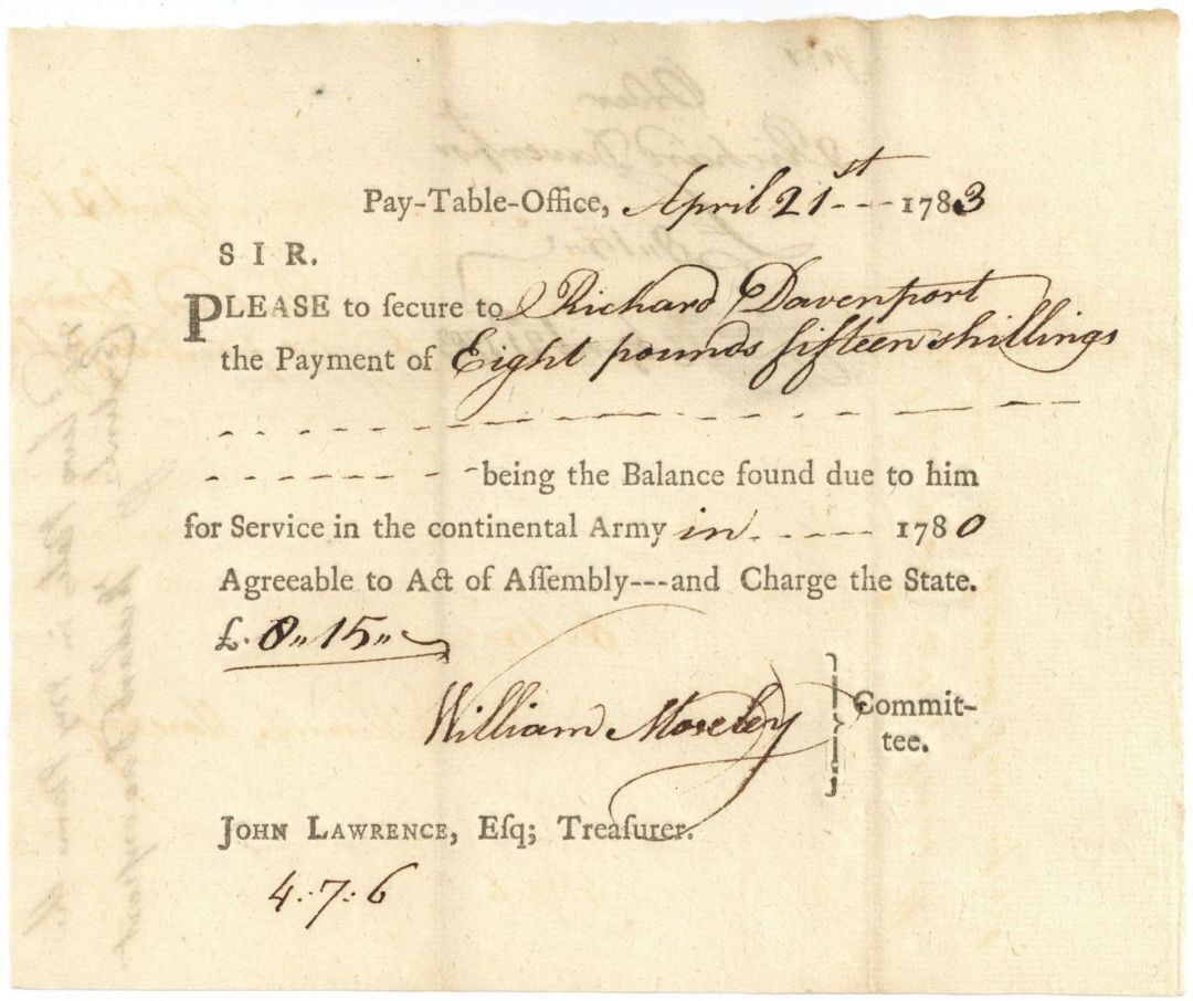 Revolutionary War Payment Order dated 1780\'s for Service in the Continental Army
