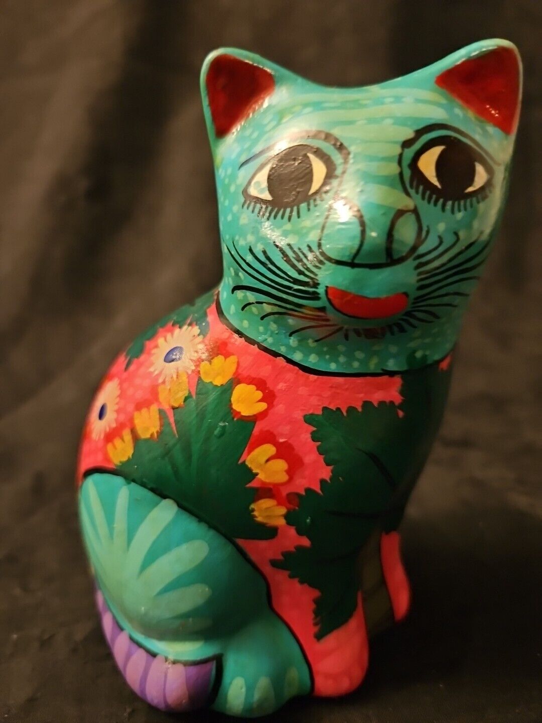 Cute Green Handpainted Talvero Cat With Sun, Fish, Sun Figurine Mexican Folk Art
