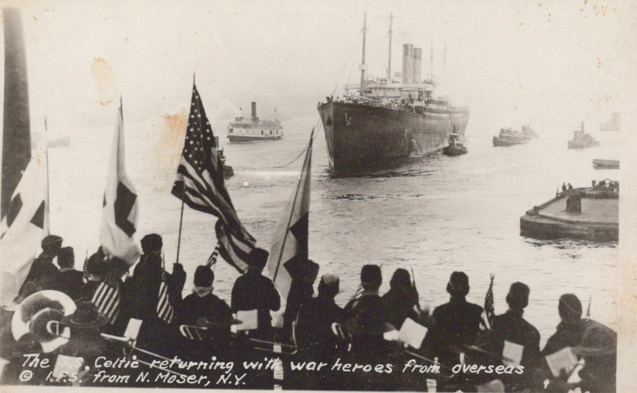 RPPC WWI SS Celtic Returning with War Heroes American Flag Real Photo Postcard