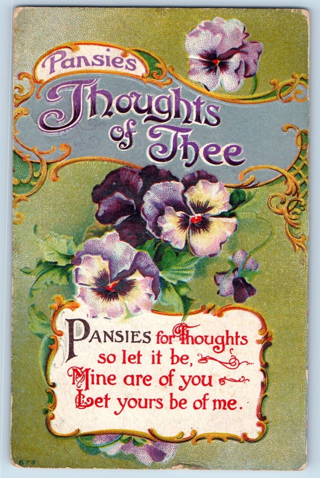 Pansies Postcard Thoughts Of Thee Flowers Embossed Jonesville Indiana IN 1911