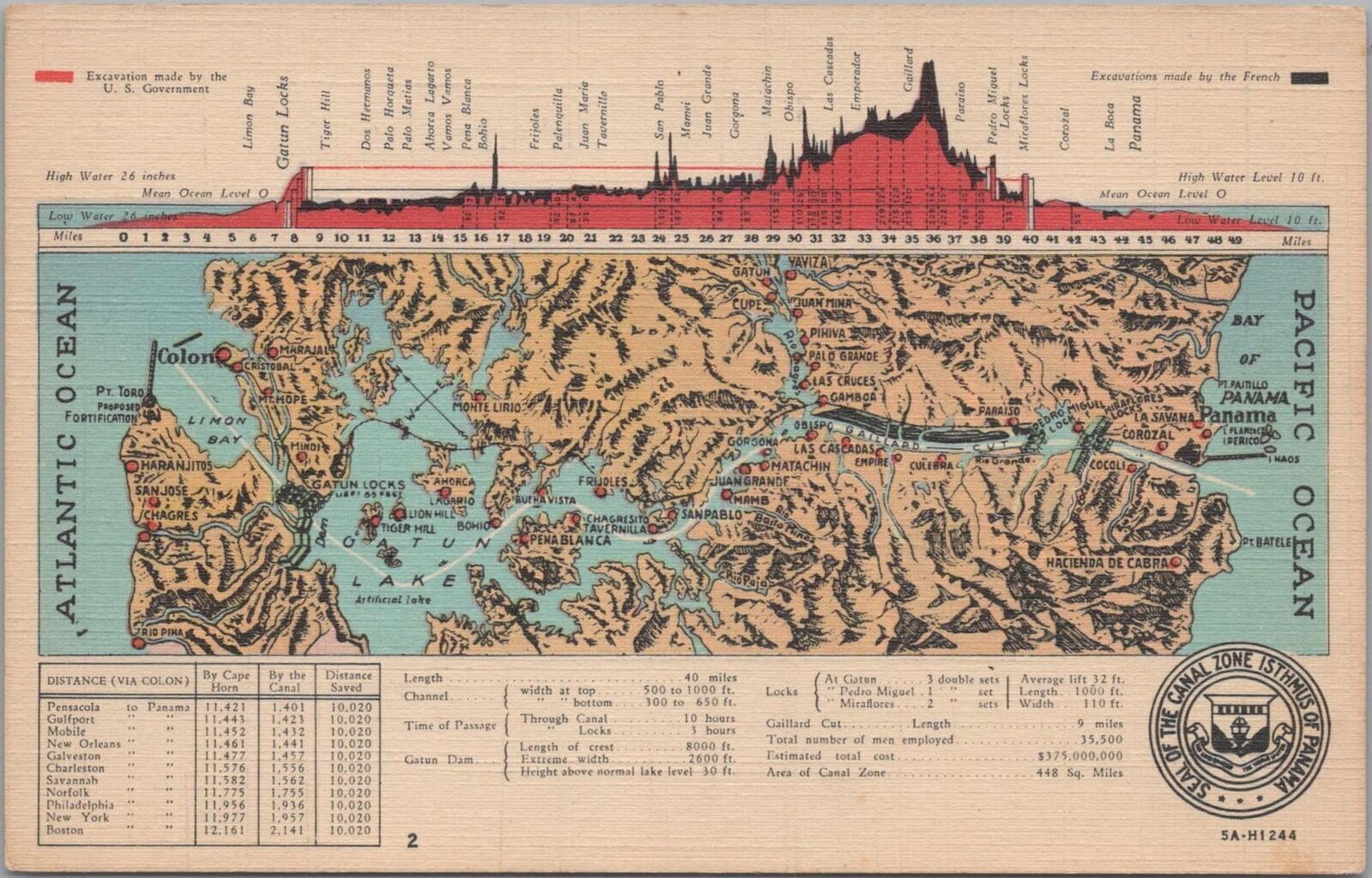 Postcard Panama Canal Zone Map 