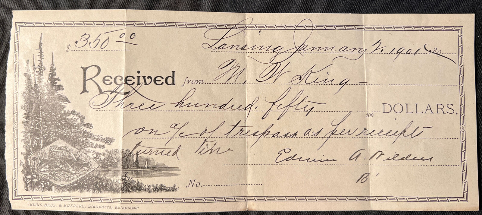 Vtg 1901 Bank Check FISHING Vignette Lansing Michigan $350 for Trespassing
