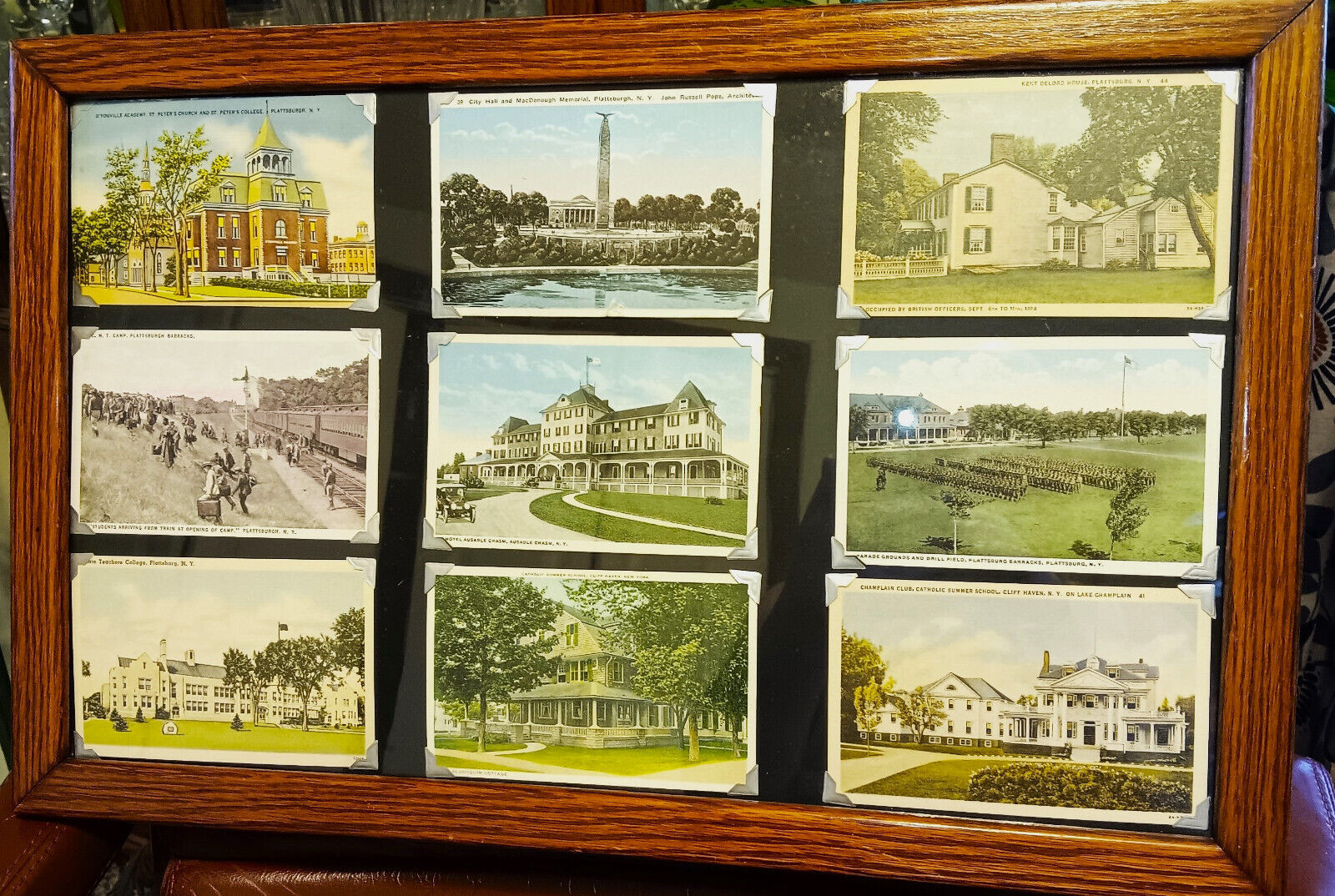 Plattsburgh N.Y. Antique Postcard Collection in Oak Frame 9 Different Circa 1915