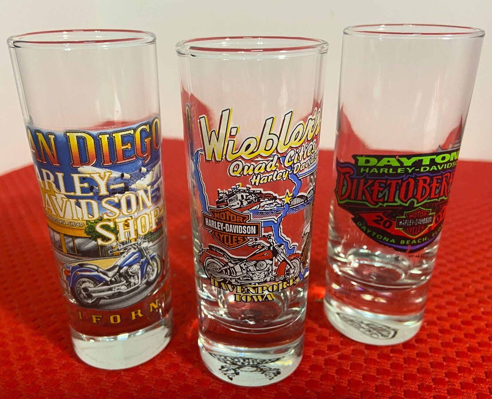 Colorful Lot Of 3 Different Rare Harley Davidson 4 In. Tall Shot Glasses