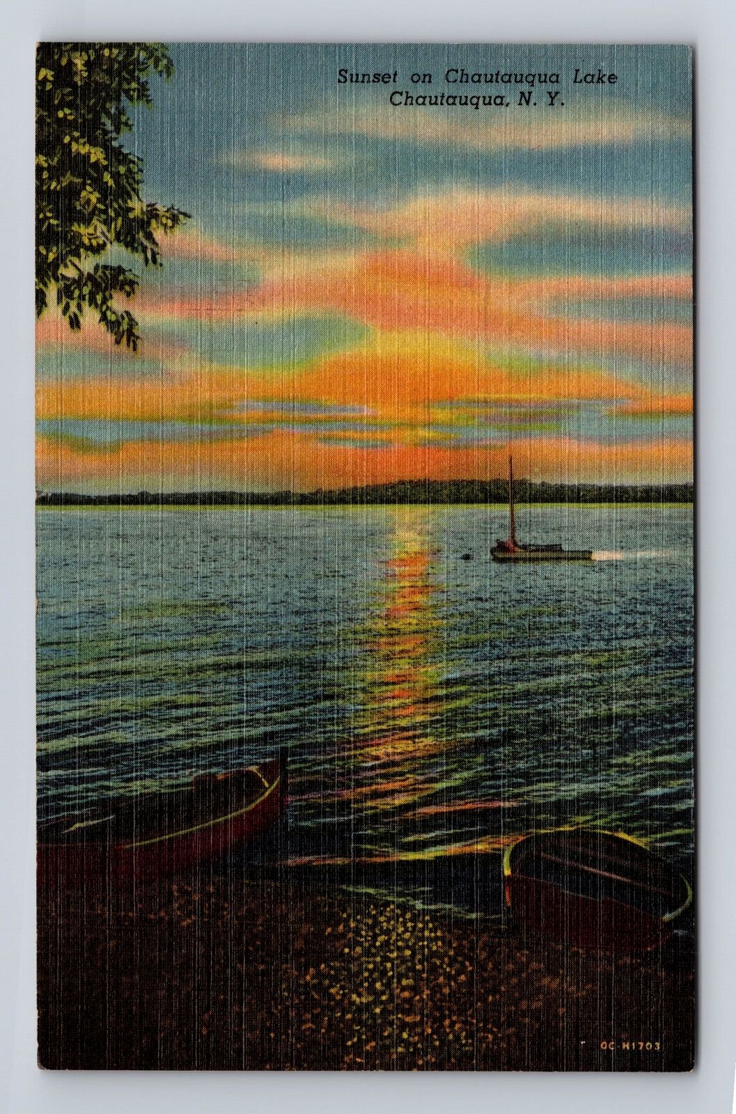 Chautauqua NY-New York, Sunset on Chautauqua Lake, Vintage c1954 Postcard