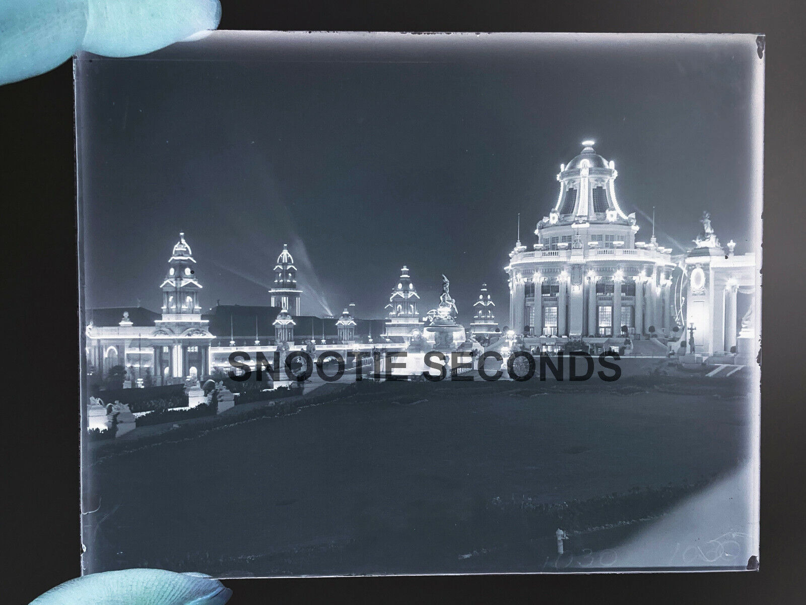 Antique 1893 Chicago Exposition Glass Photo Negative NIGHT LIGHTS water WOW #2