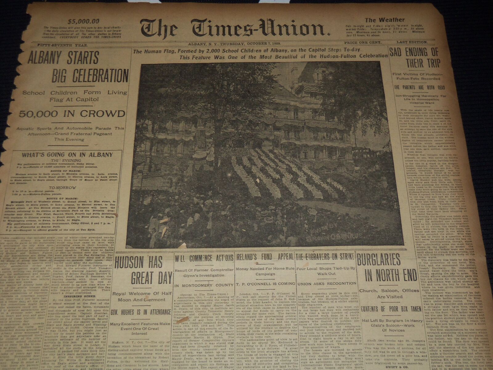 1909 OCT 7 ALBANY TIMES UNION NEWSPAPER - ALBANY STARTS BIG CELEBRATION- NT 9593
