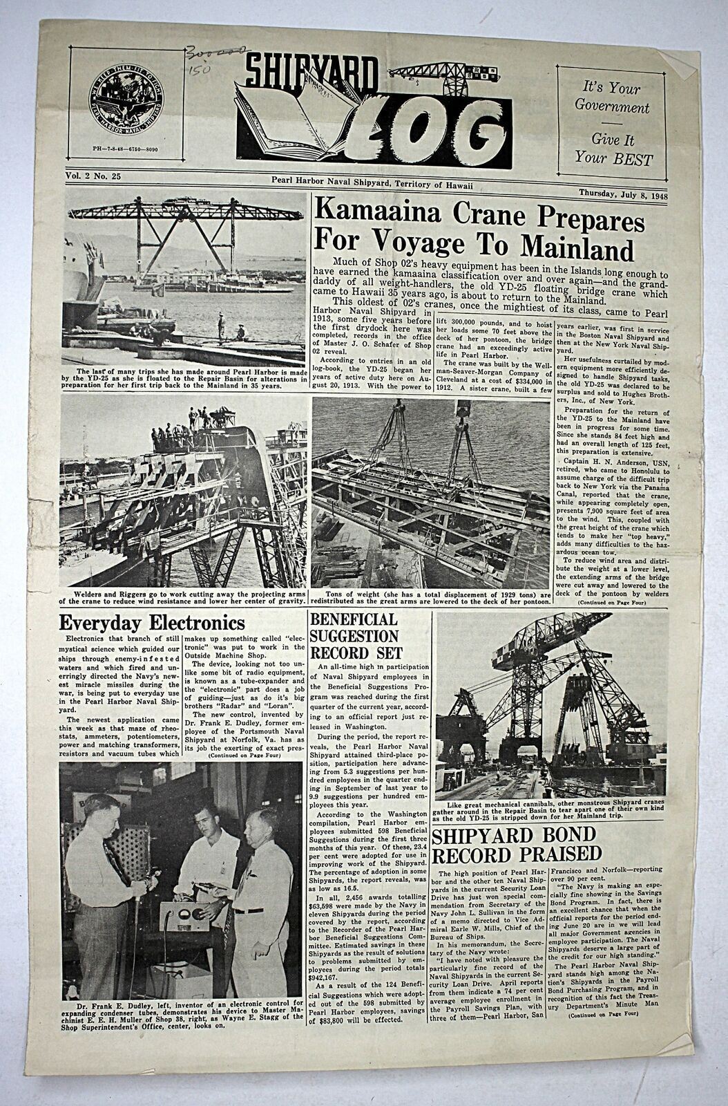 1948 SHIPYARD LOG Pearl Harbor Naval Shipyard Newspaper Territory of Hawaii #3