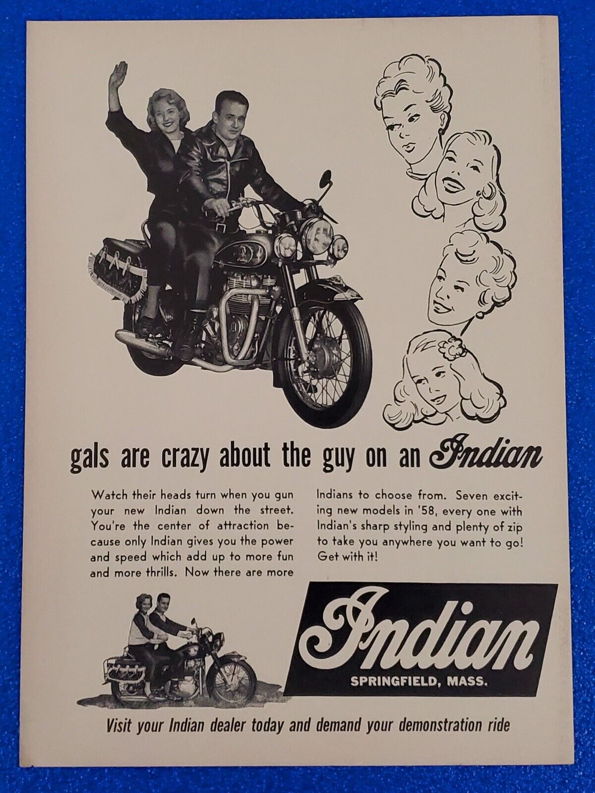 CLASSIC 1957 INDIAN MOTORCYCLE ORIGINAL PRINT AD VINTAGE AMERICAN CULTURAL ICON