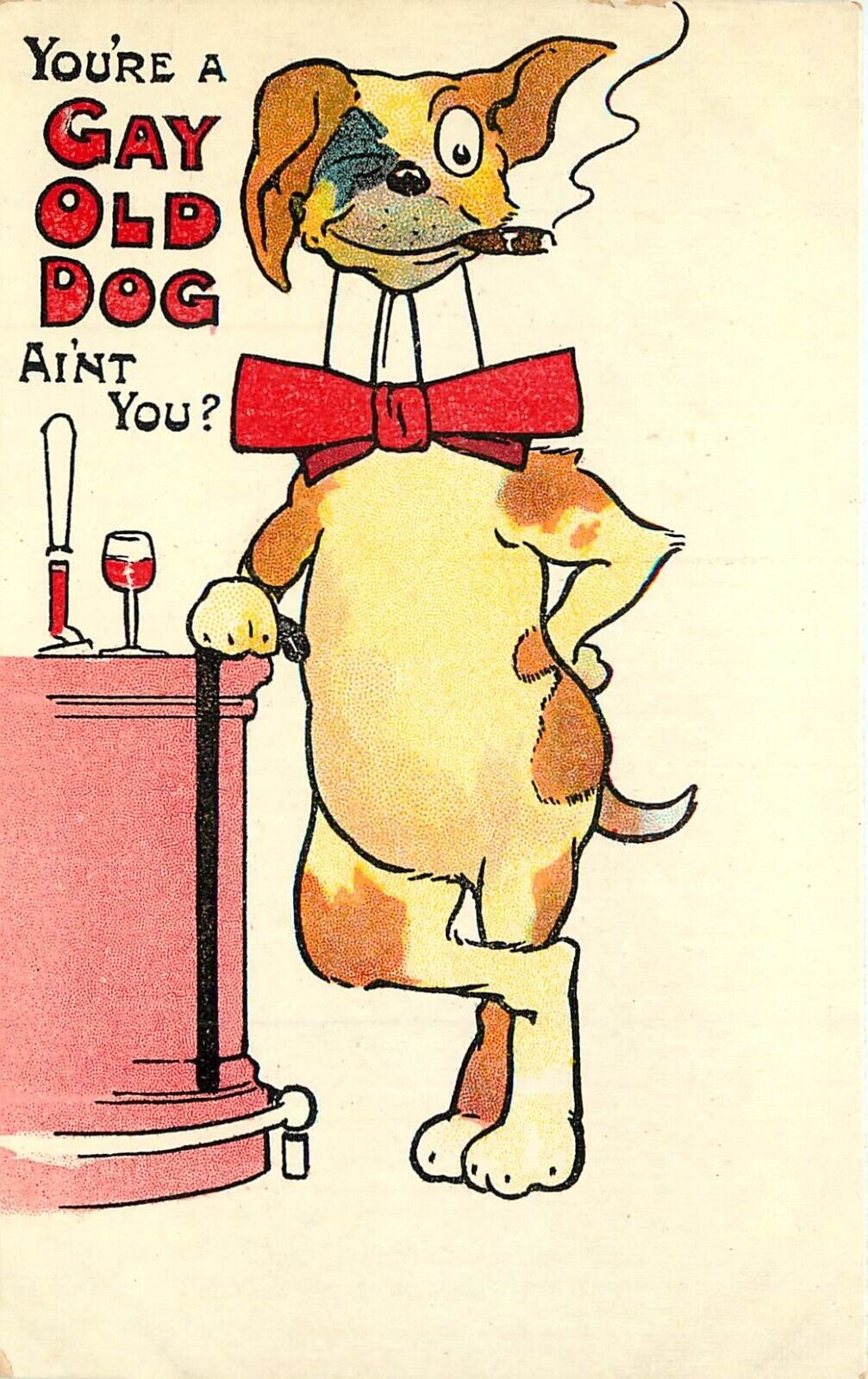Dog With Bow Tie and Glass Of Wine Postcard You're a Gay Old Dog Aren't You