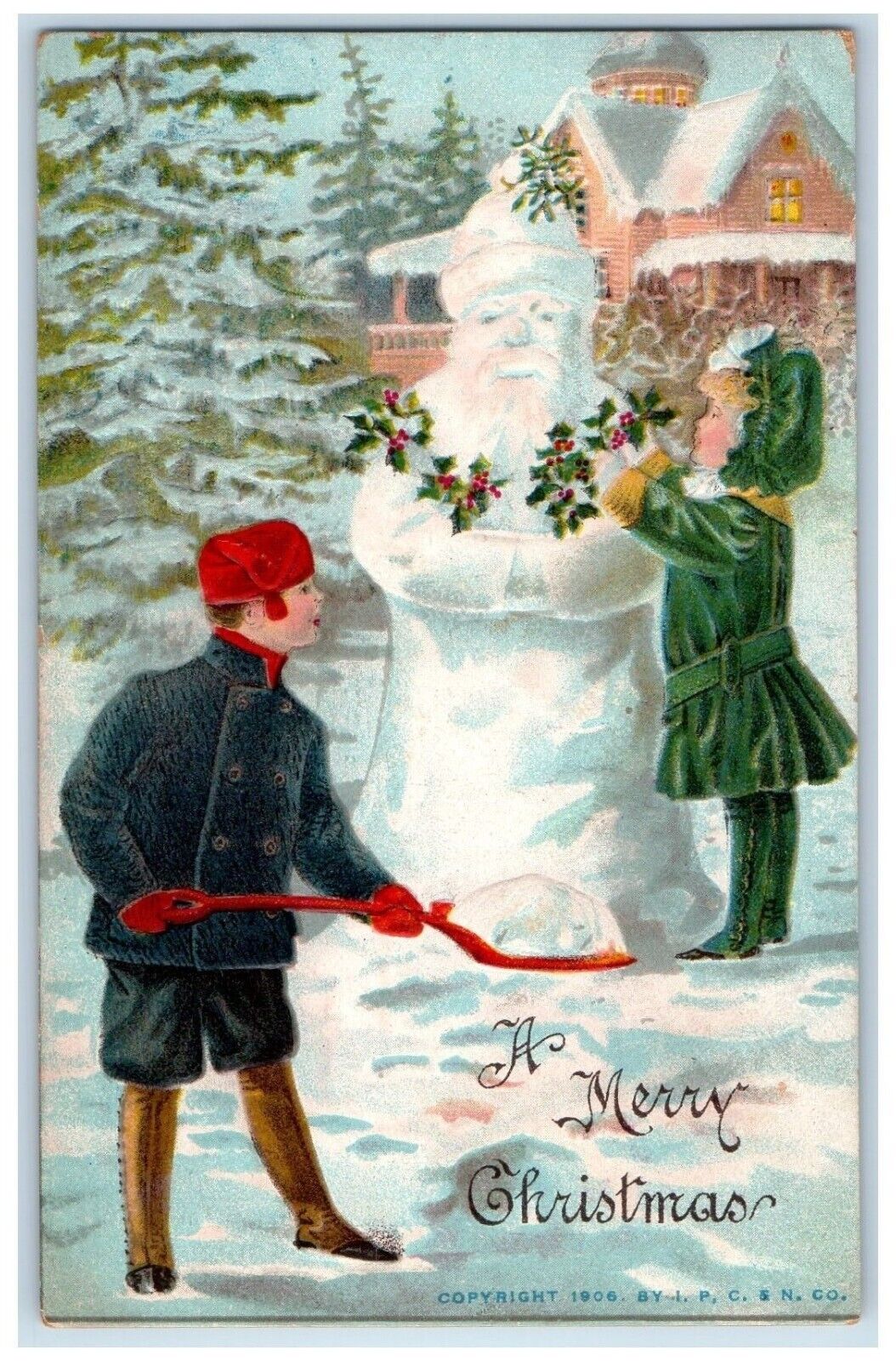 c1910\'s Christmas Children Santa Snowman Holly Berries Embossed Antique Postcard