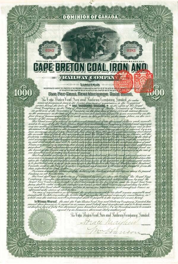 Cape Breton Coal, Iron and Railway Co. Limited - $1,000 Bond (Uncanceled) - Fore