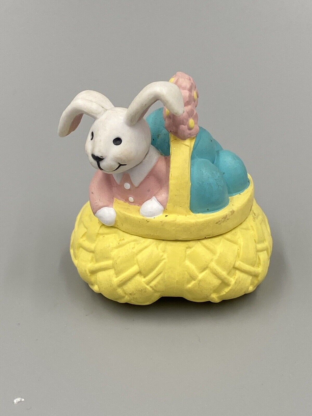 Vintage Bunny Rabbit In Yellow Basket Easter 2.25” Decoration
