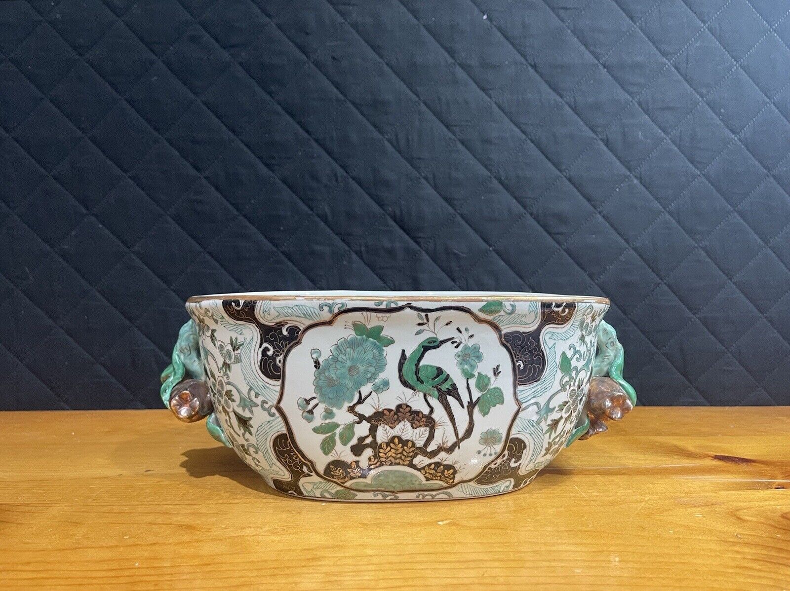Vintage Asian Oriental Porcelain Bowl Imari Style Crane Handled Green