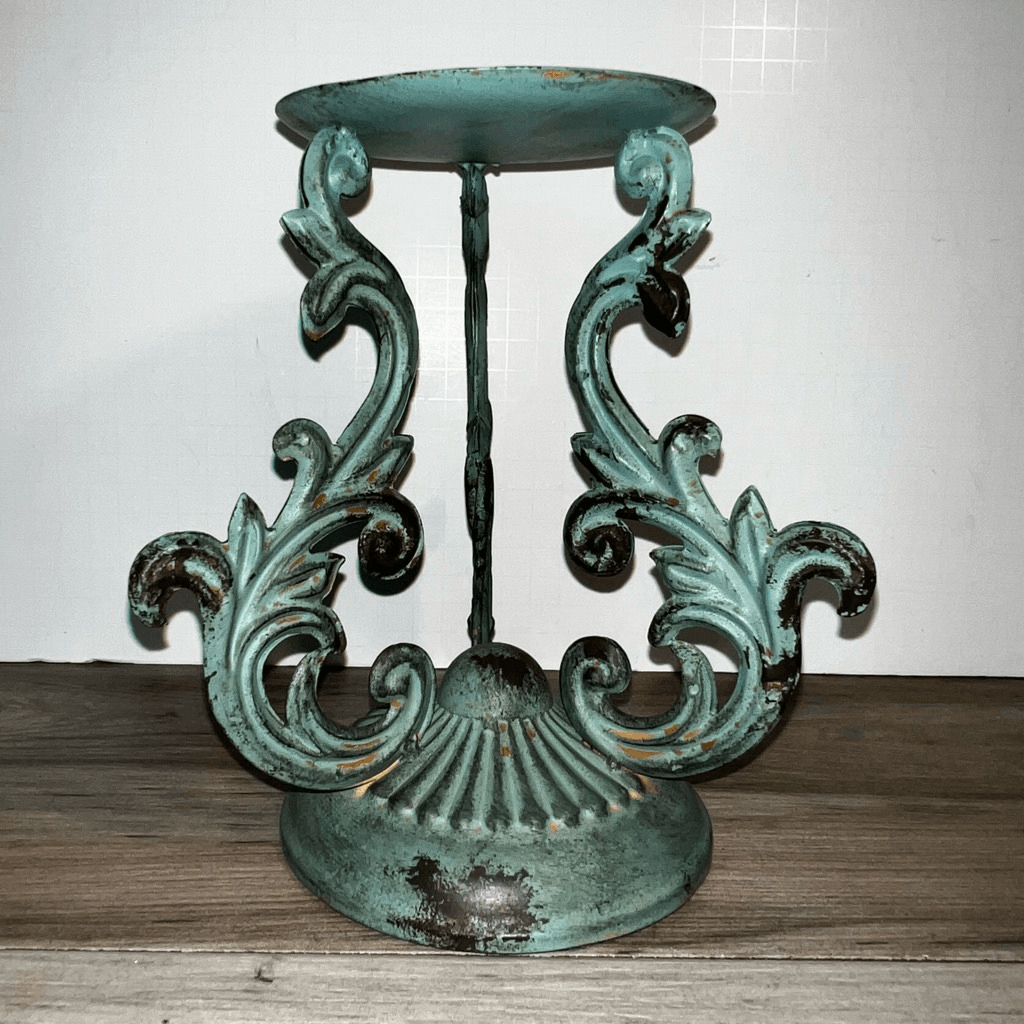 Turquoise Candle/Plant Stand 8” Tall Metal Farmhouse Classic Pillar Scroll