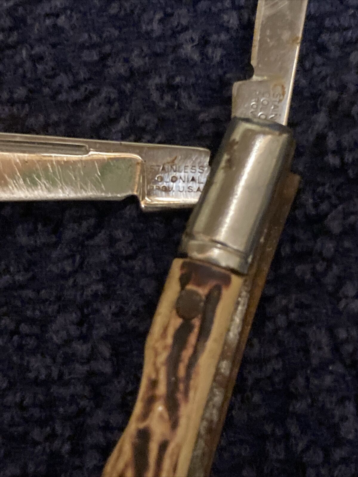 Vintage Colonial Prov USA 2 Blade Bone Handle Pocket Knife Highly Sought After