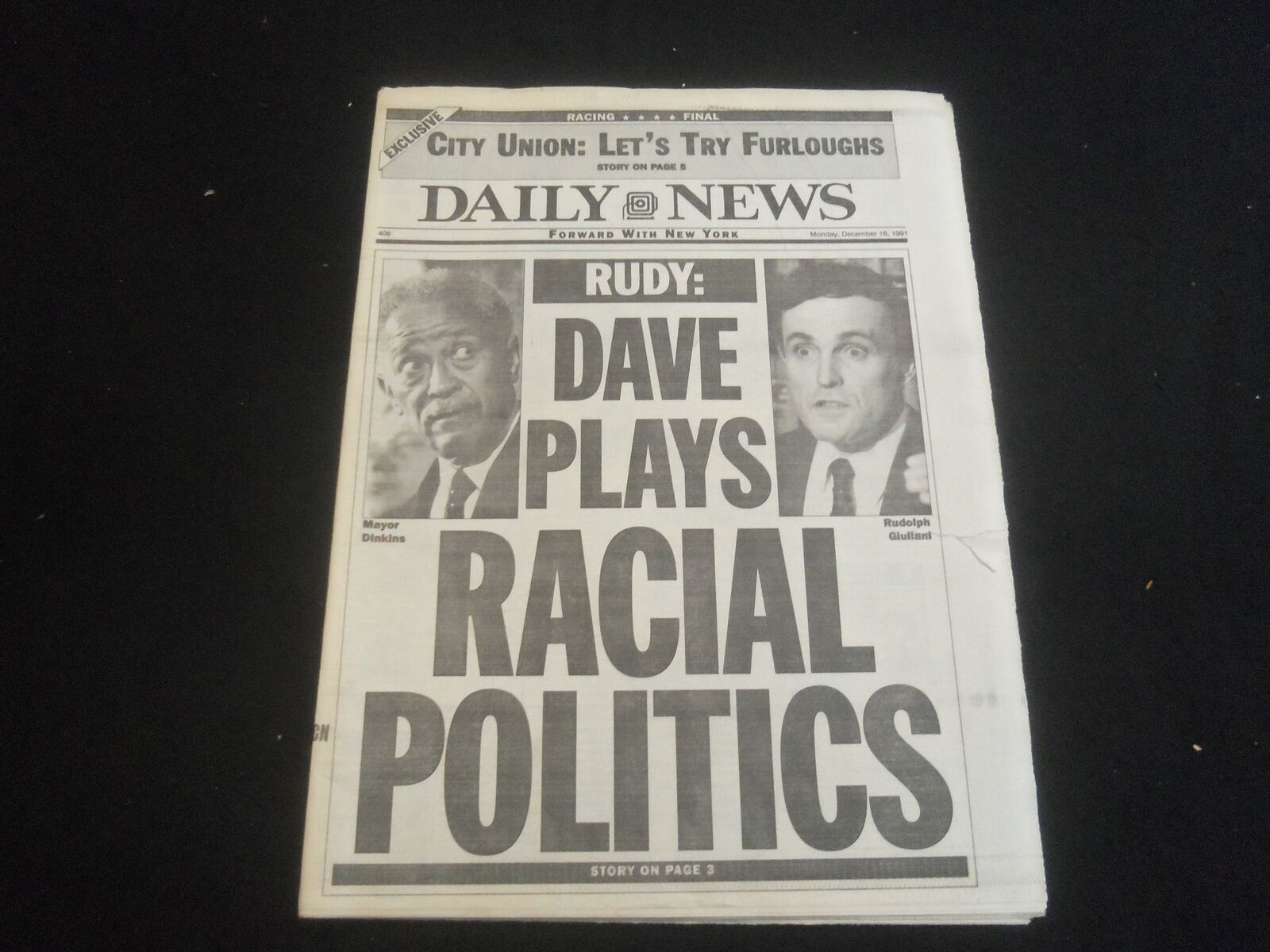 1991 DEC 16 NEW YORK DAILY NEWS NEWSPAPER-DAVID DINKINS-RUDOLPH GIULIANI-NP 5882